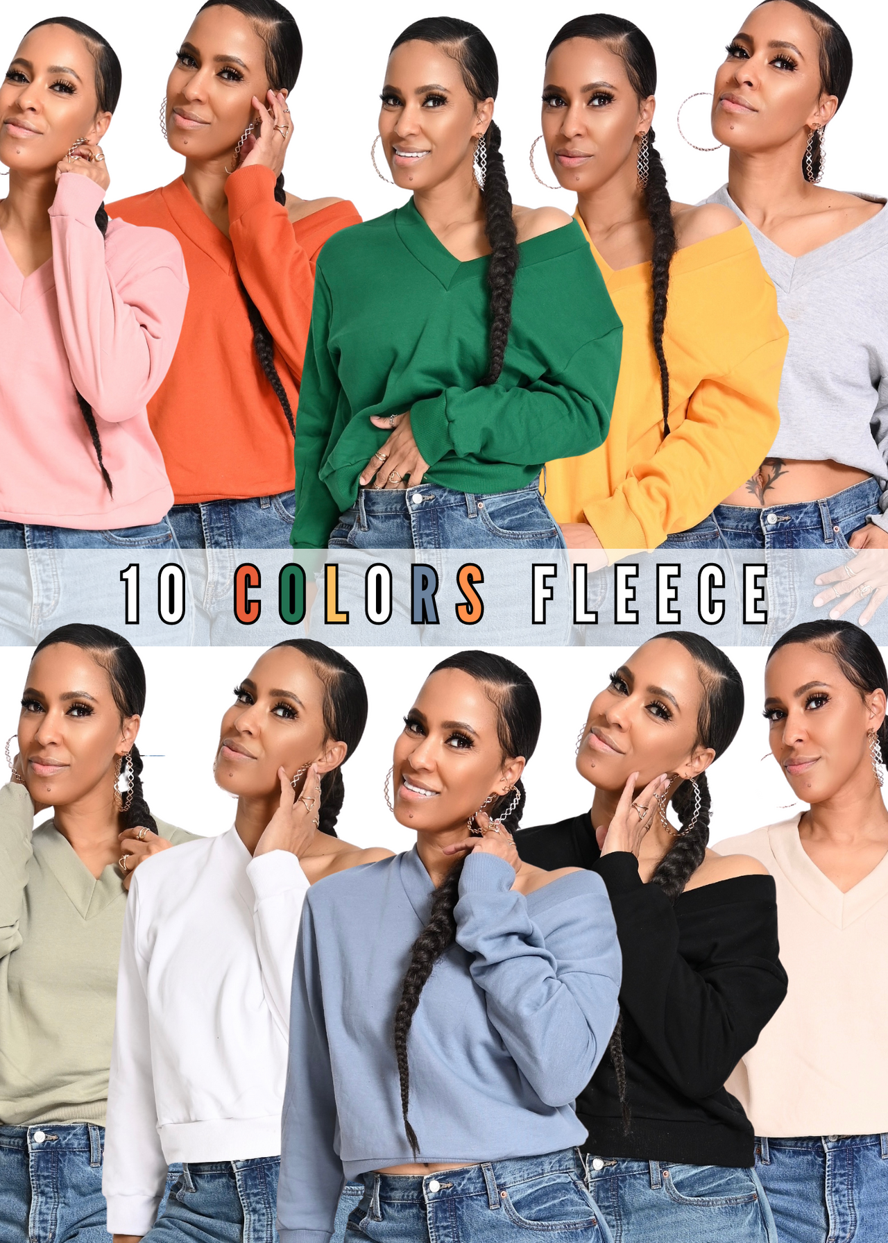 Solid Fleece V Neck Basic Sweatshirt | 10 Colors