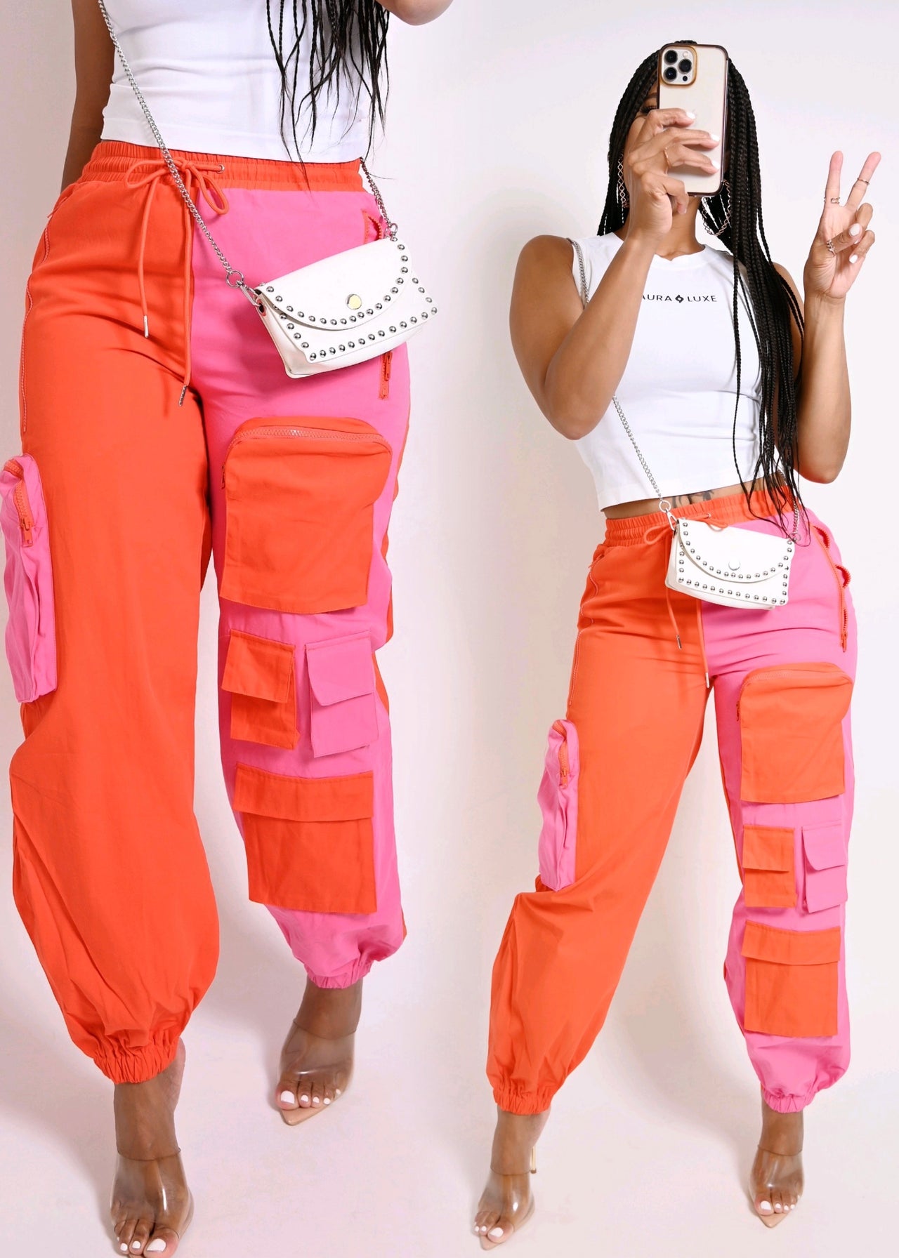 Color Block Cargo Woven Cotton Pants | Pink Orange