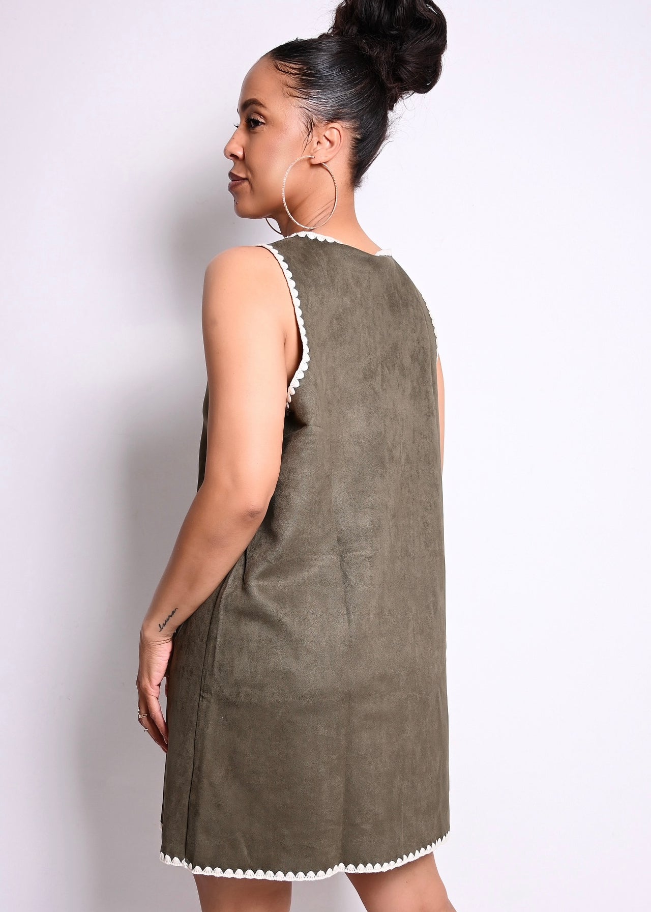 SUEDE LIKE DETAILED TRIM MINI DRESS | OLIVE GREEN
