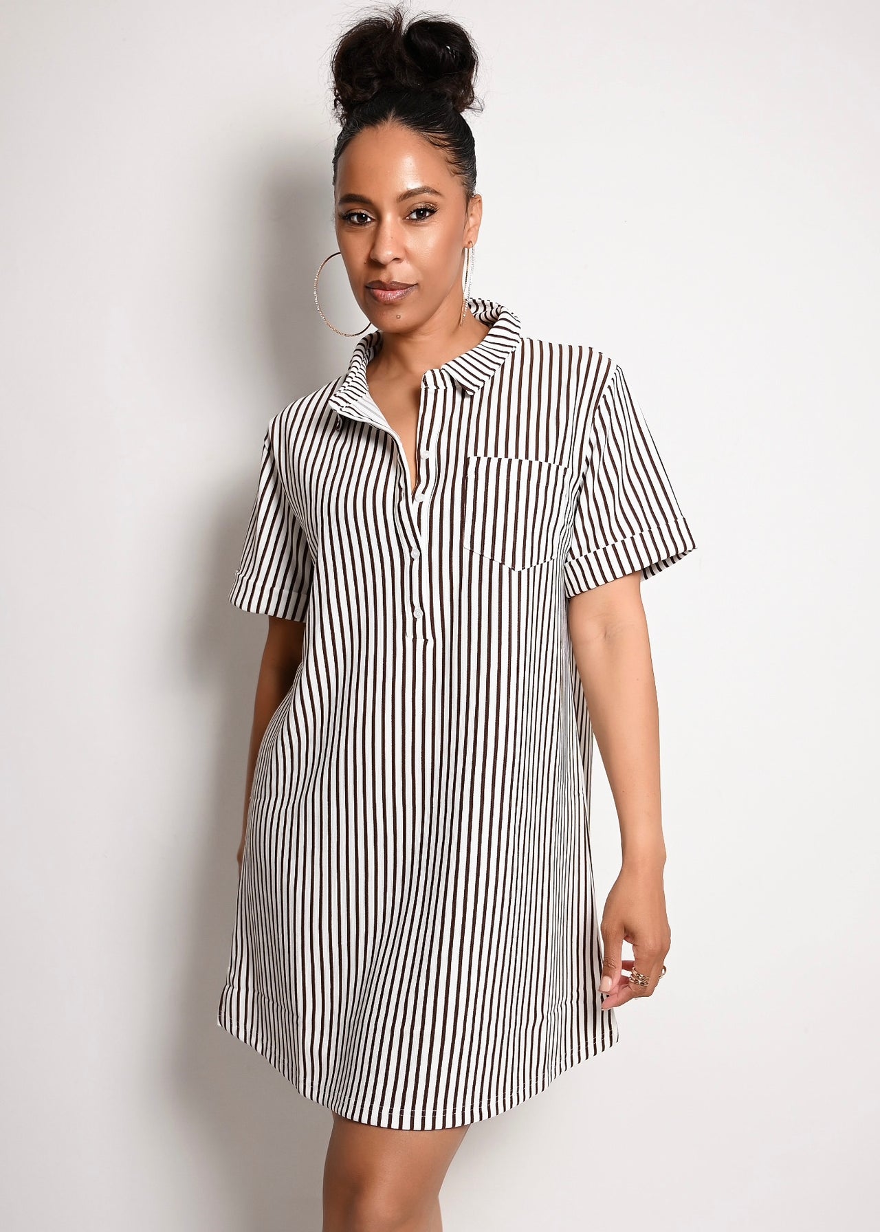 Stripe Collard Half Button Up Shirt Dress | Brown