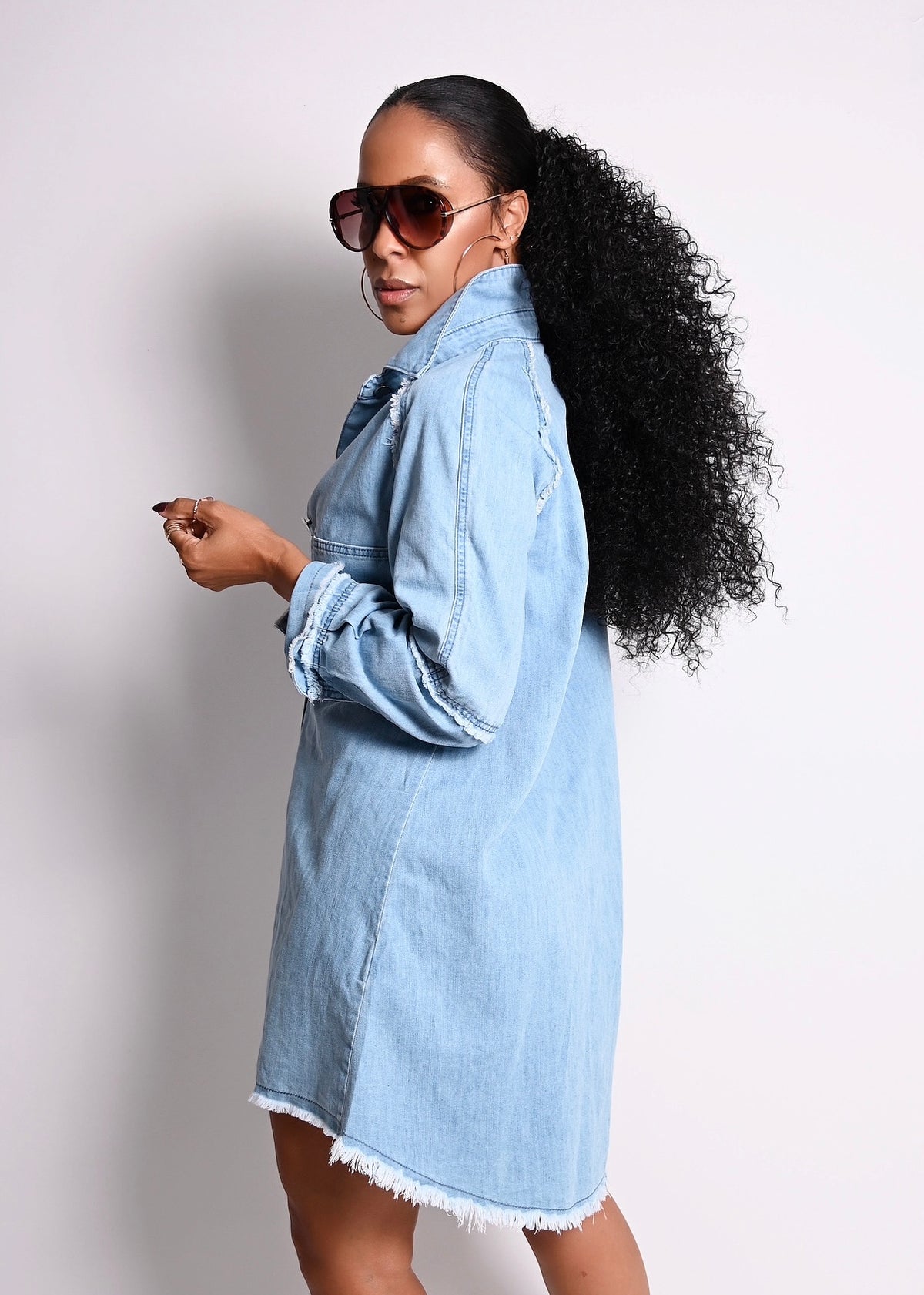 Denim Fringe Long Sleeve Casual Dress