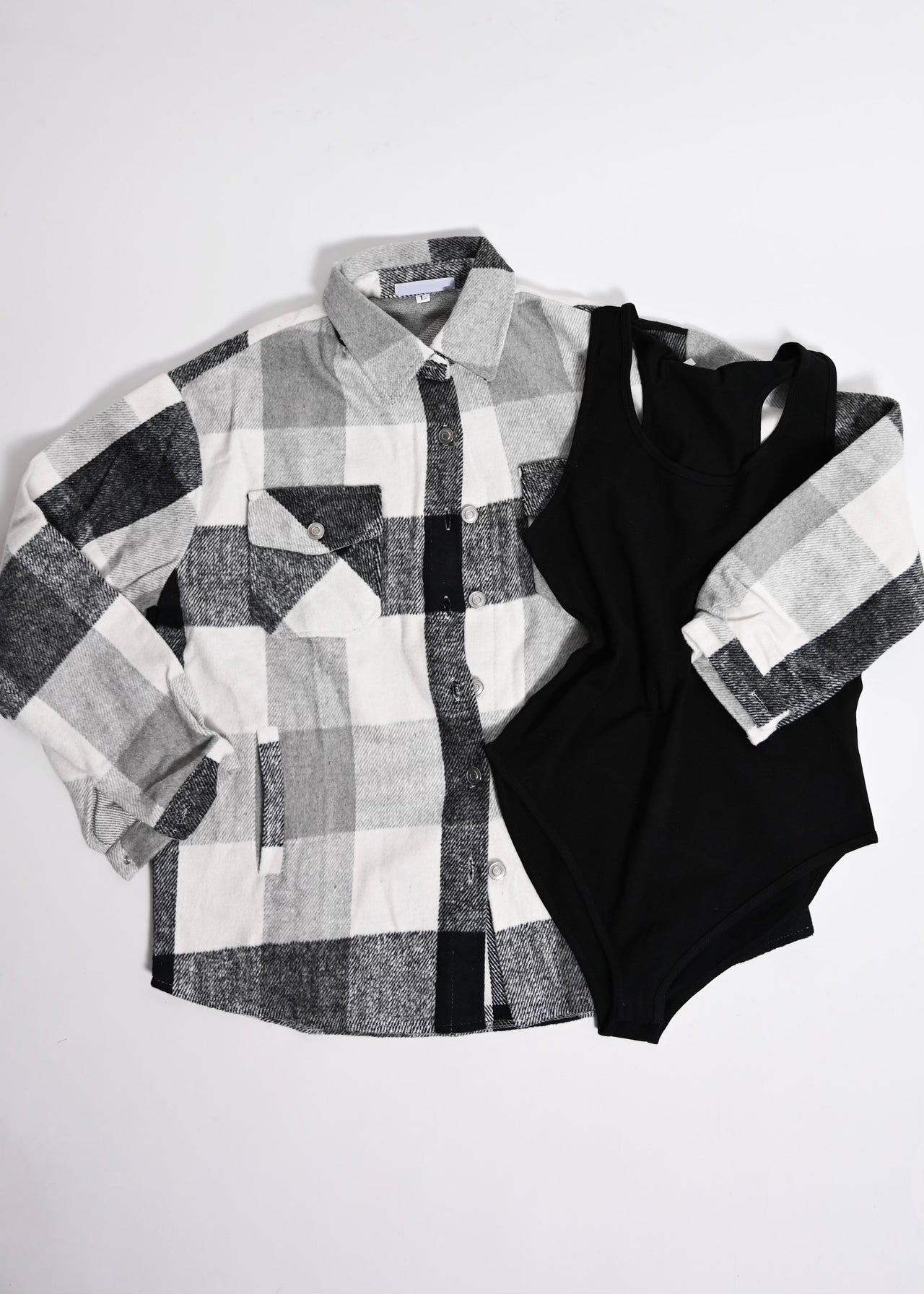 2 PC Checkered Utility Shacket with Matching Bodysuit Top | Black