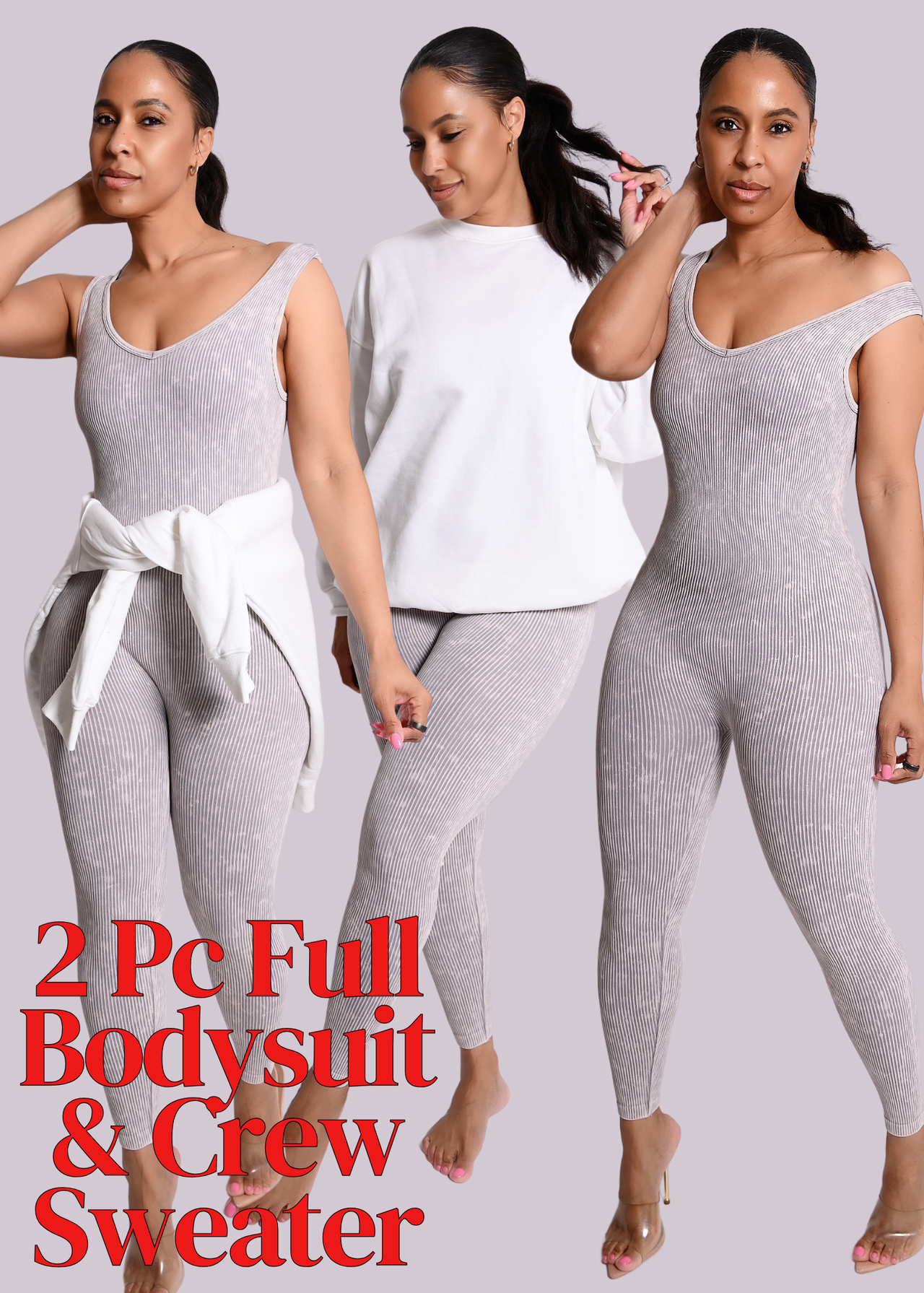 2 PC Acid Wash Full Bodysuit & Crew Neck Sweater Set | Steel Grey