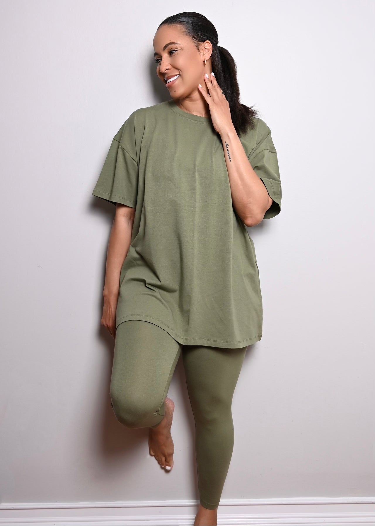 Cotton Oversized Legging Pant Set | Lt Olive