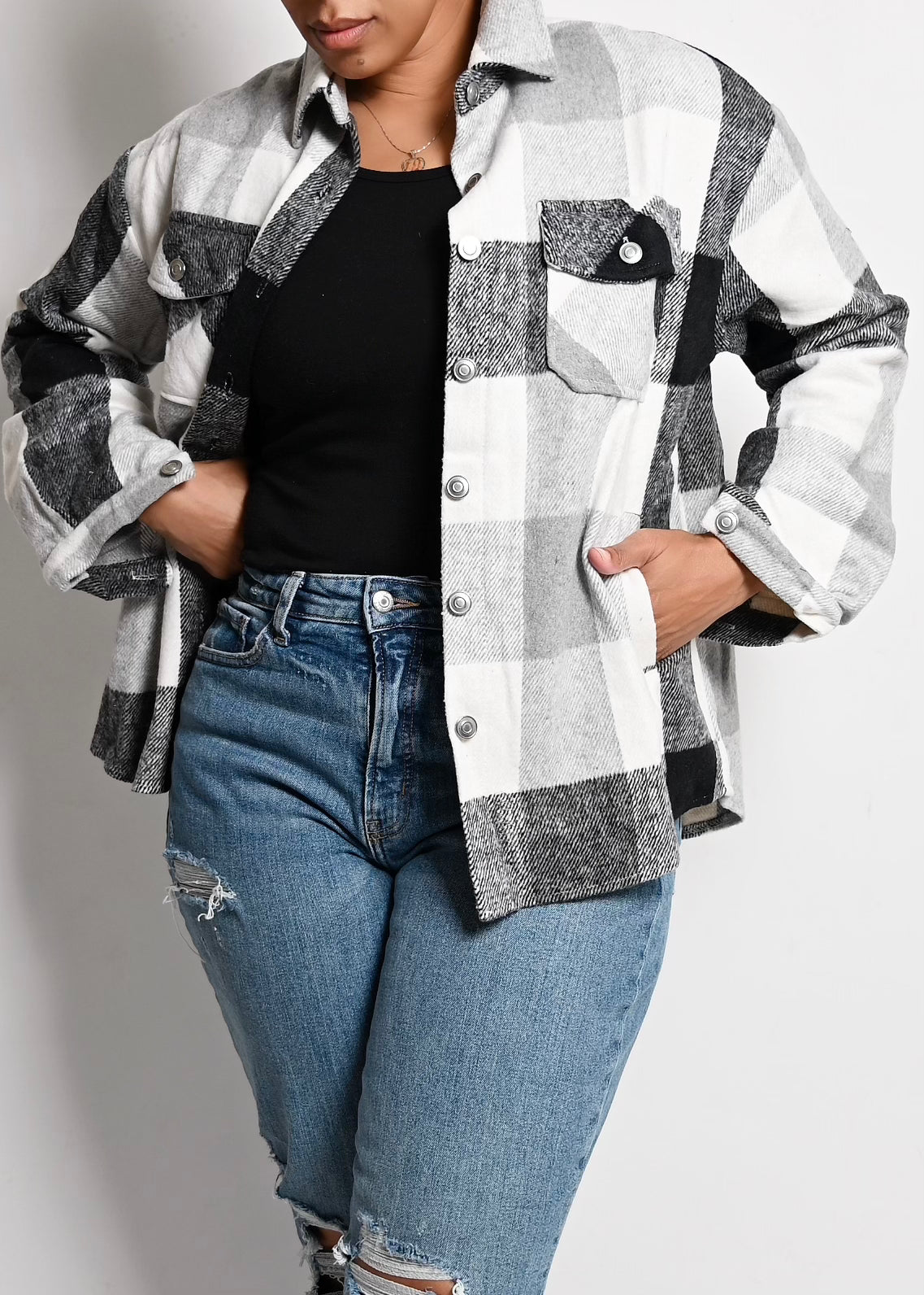 2 PC Checkered Utility Shacket with Matching Bodysuit Top | Black