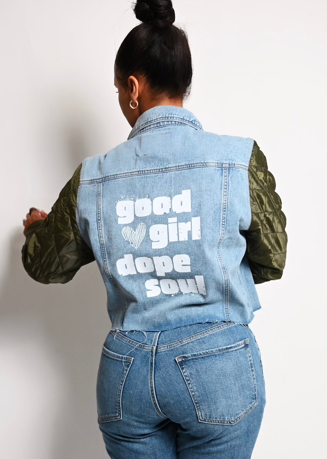 EXCLUSIVE "Good Girl Dope Soul" Green Denim Quilted Jacket