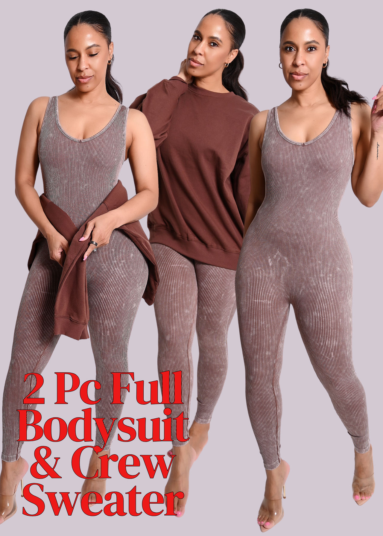 2 PC Acid Wash Full Bodysuit & Crew Neck Sweater Set | Brown