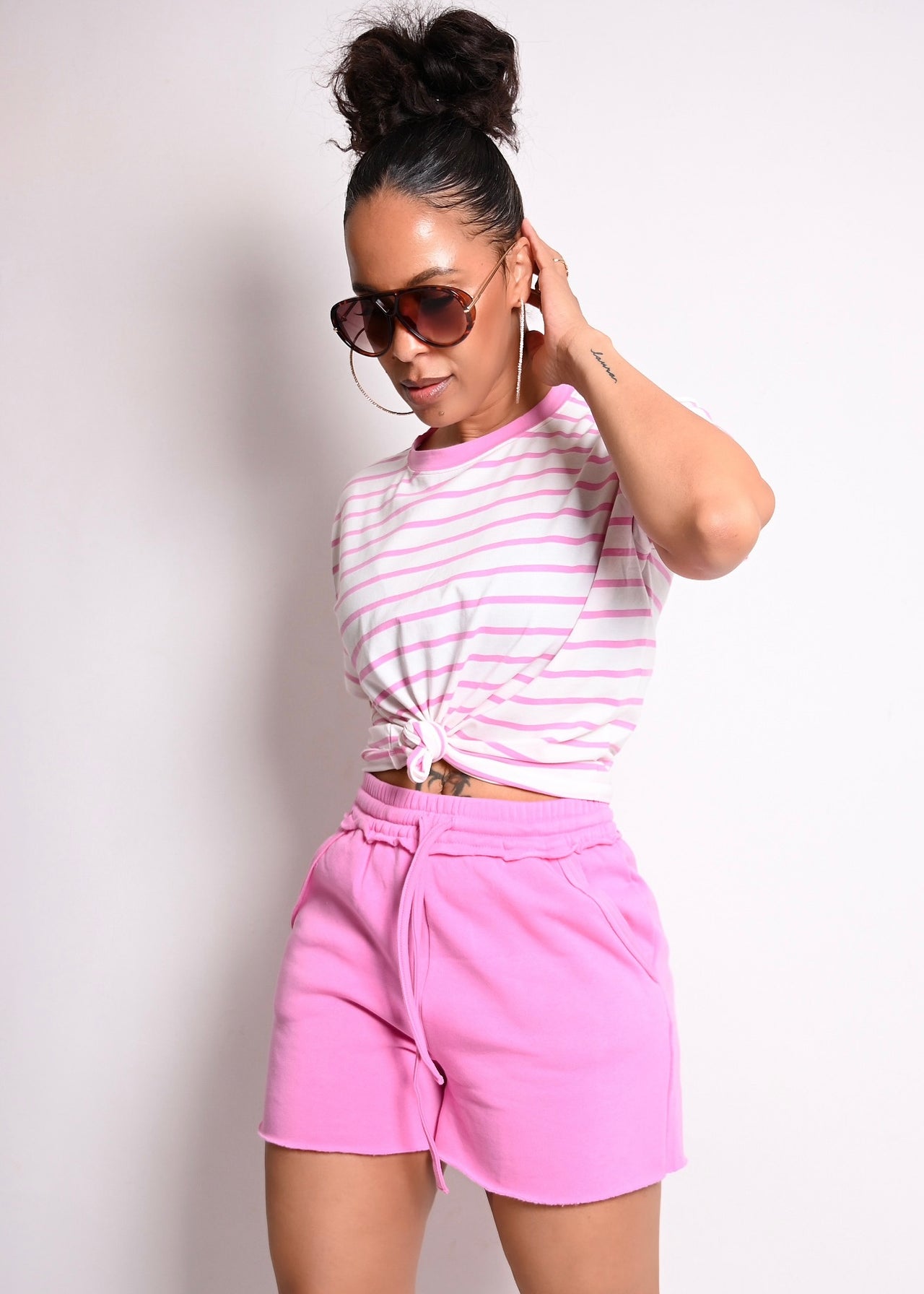 2 PC STRIPE COTTON TANK SHORT SET | PINK