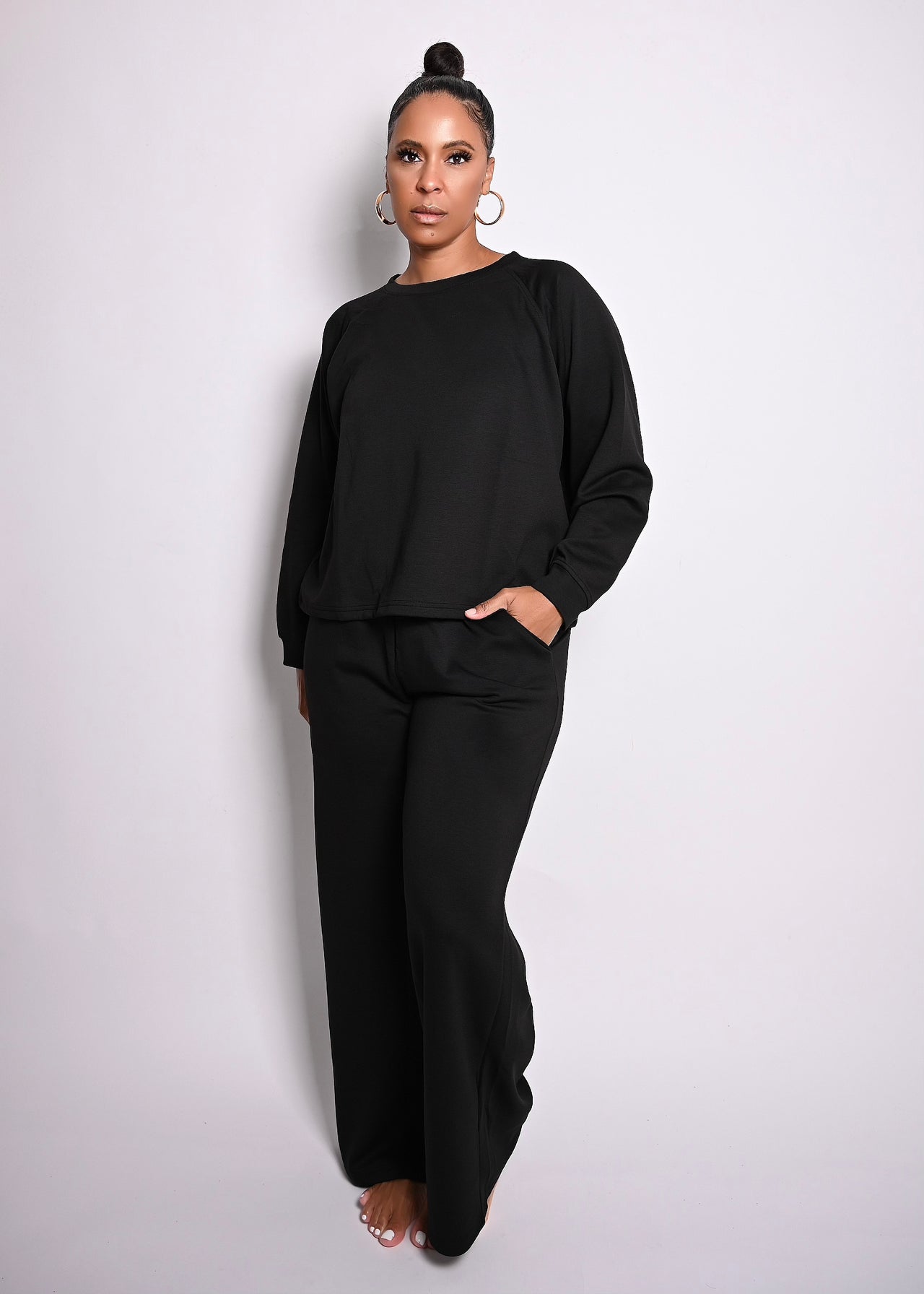 Scuba Soft Crew Neck Wide Leg Jogger Pant Set | Black