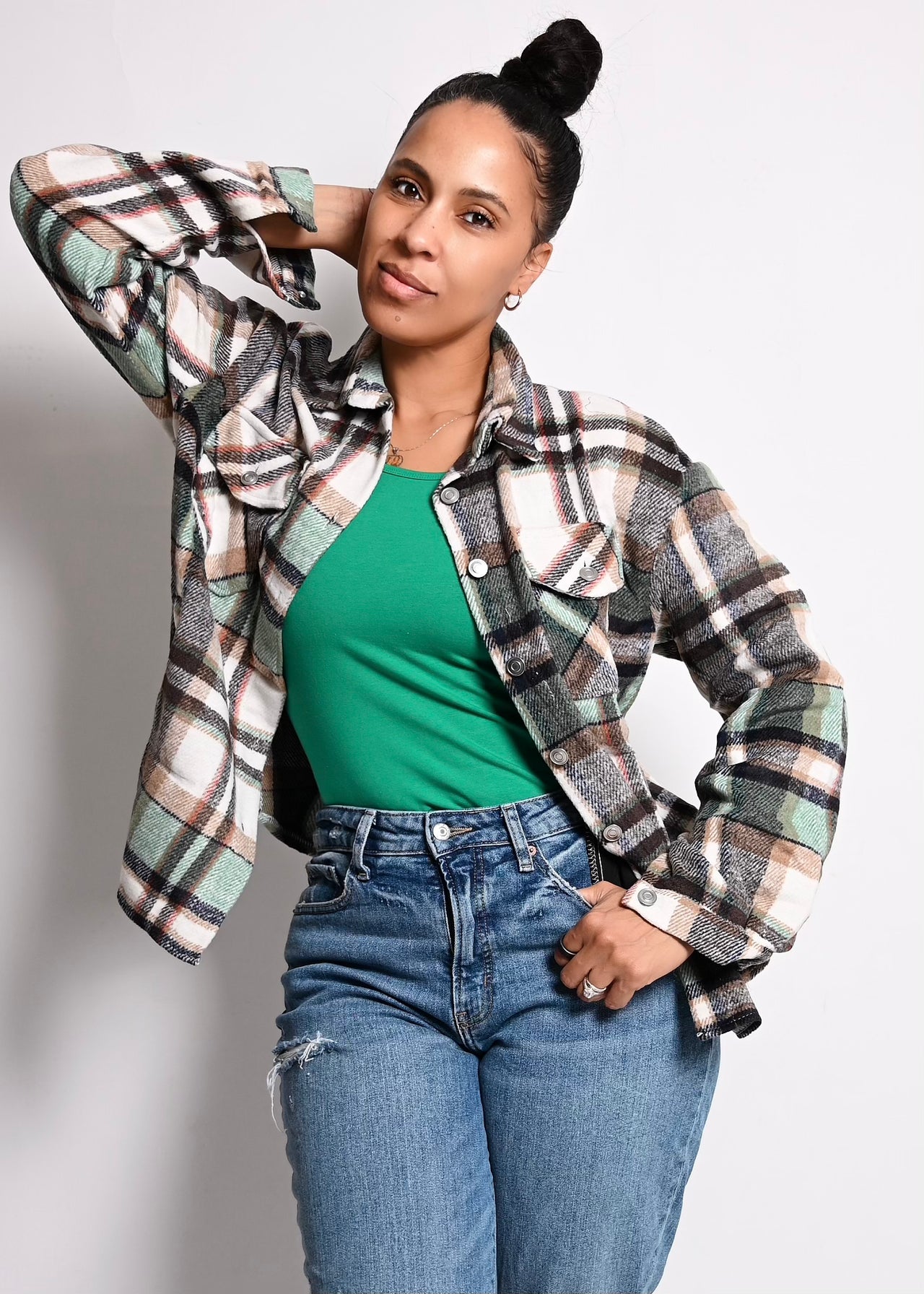 2 PC Checkered Utility Shacket with Matching Bodysuit Top | Green