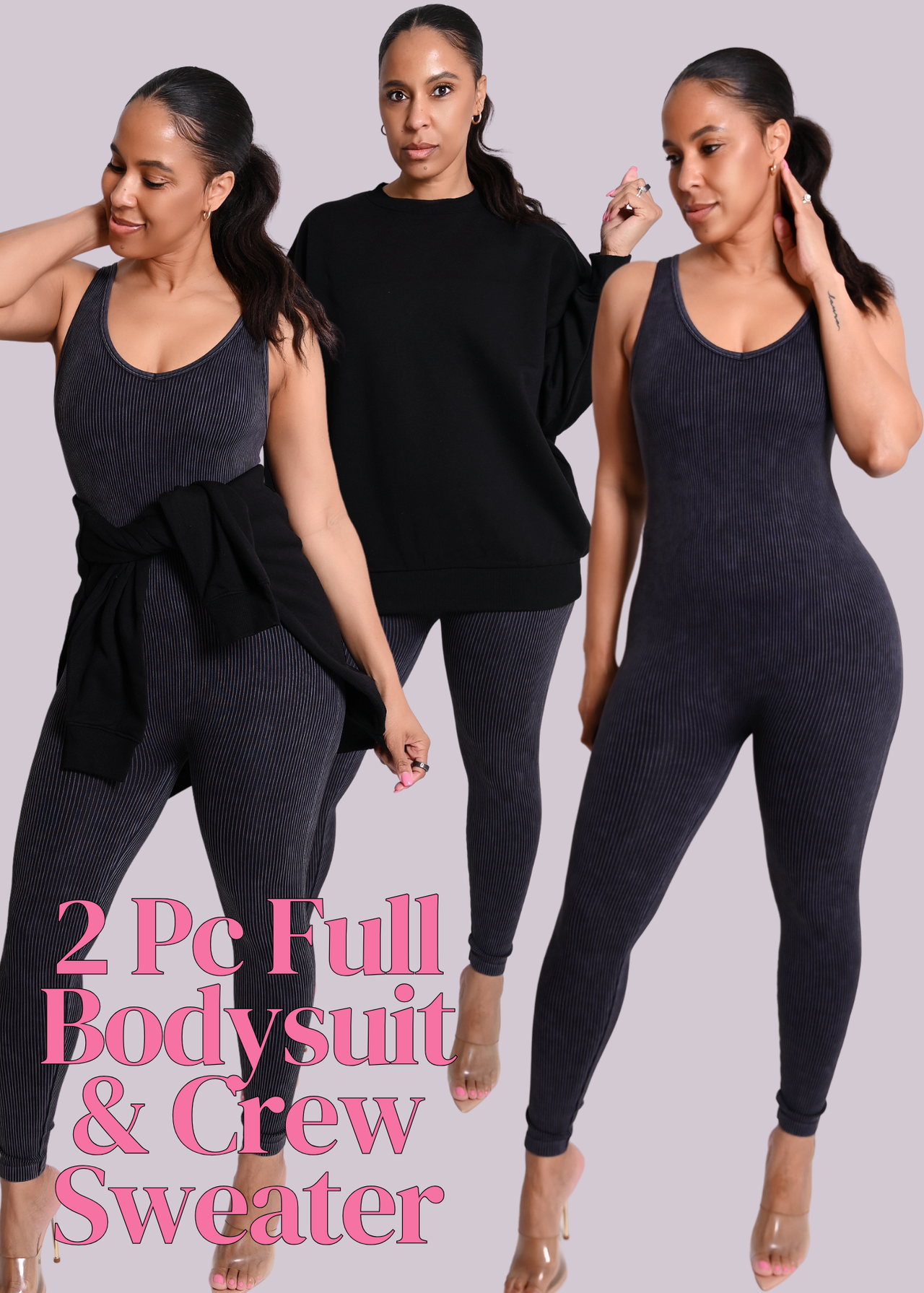 2 PC Acid Wash Full Bodysuit & Crew Neck Sweater Set | Black