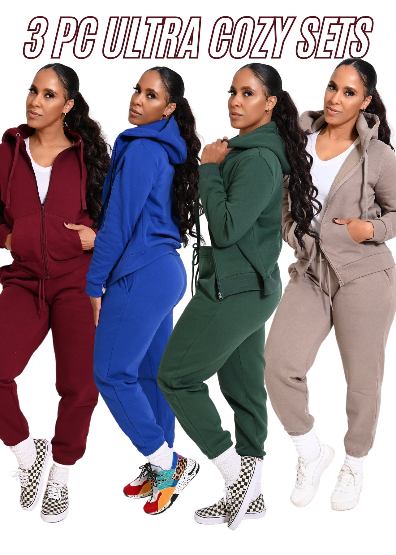 Ultra Cozy 3 Pc Fleece Zip Jacket Jogger Set | 4 Colors