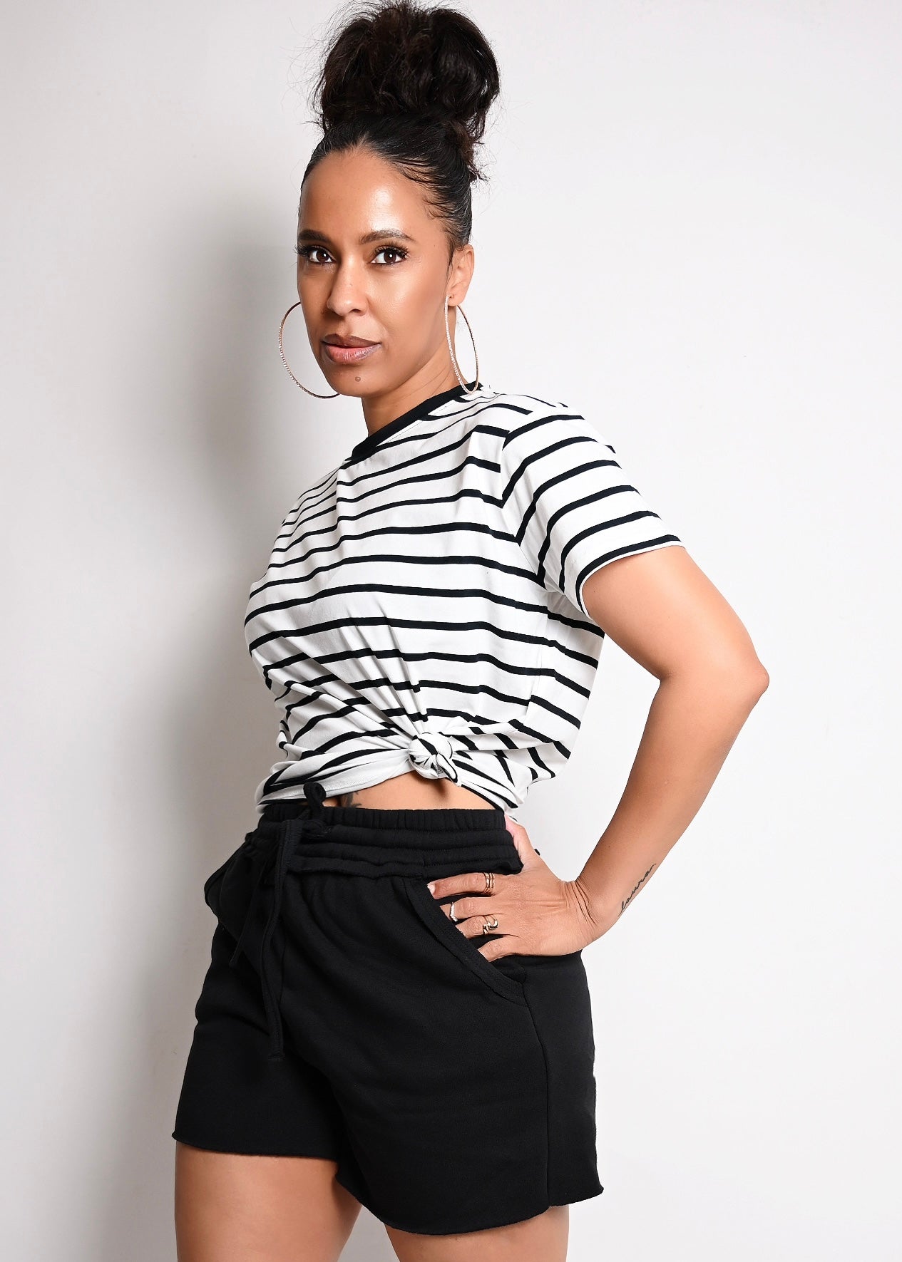 2 PC STRIPE COTTON TANK SHORT SET | BLACK