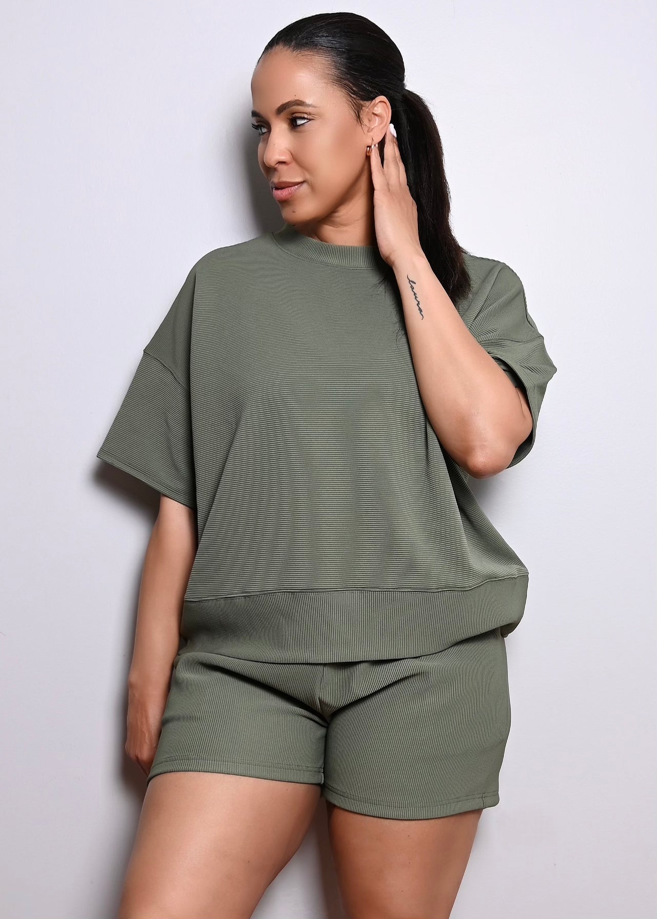 Soft Ribbed Crew Neck Short Set | Lt Olive