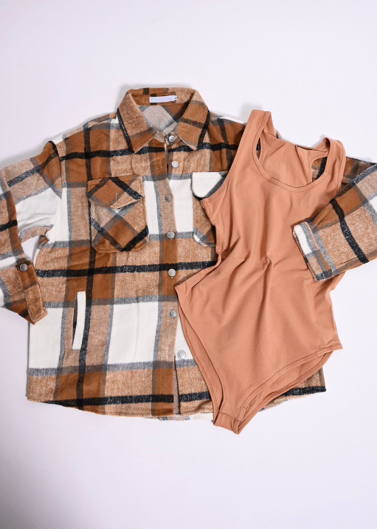 2 PC Checkered Utility Shacket with Matching Bodysuit Top | Brown