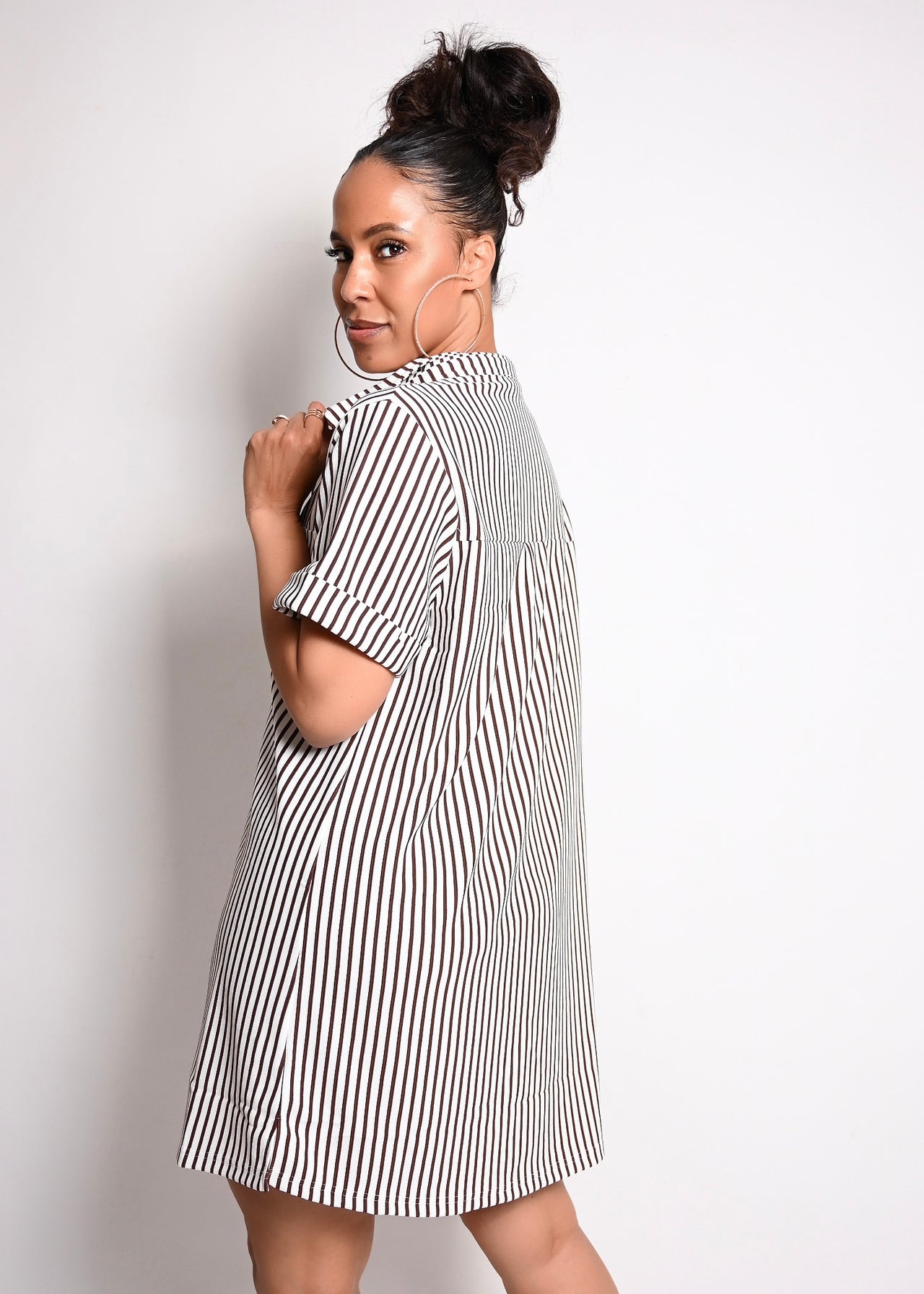 Stripe Collard Half Button Up Shirt Dress | Brown
