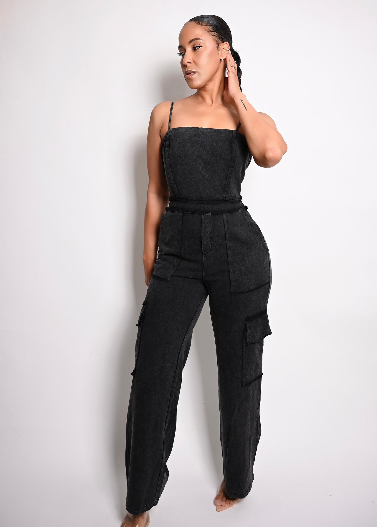 CARGO & COTTON WASHED WIDE LEG JUMPSUIT | BLACK