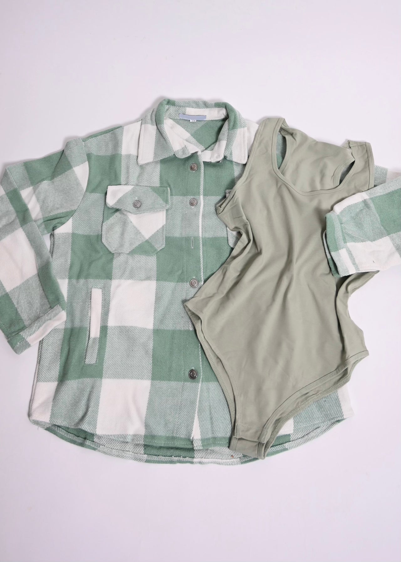 2 PC Checkered Utility Shacket with Matching Bodysuit Top | Mint