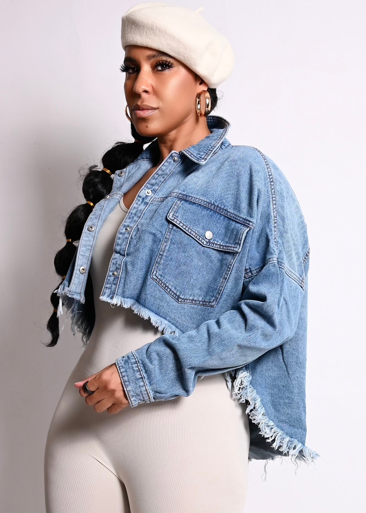 Weekend Girl Denim Hi Low Fringe Jacket