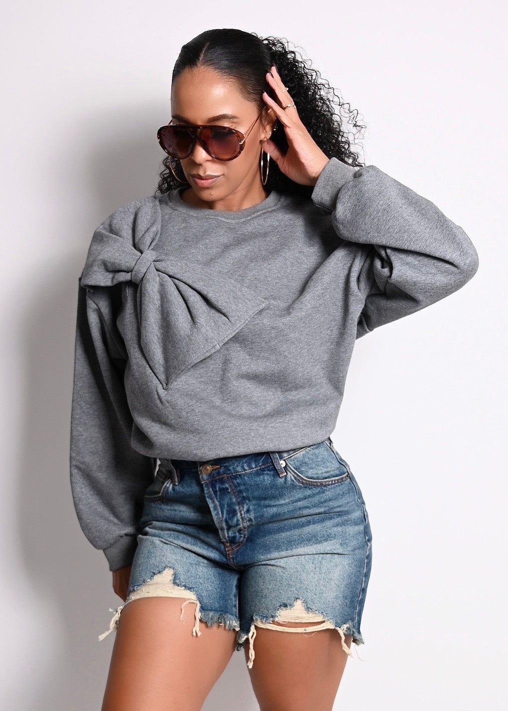 Bow Detail Crew Neck Sweater Top - Grey