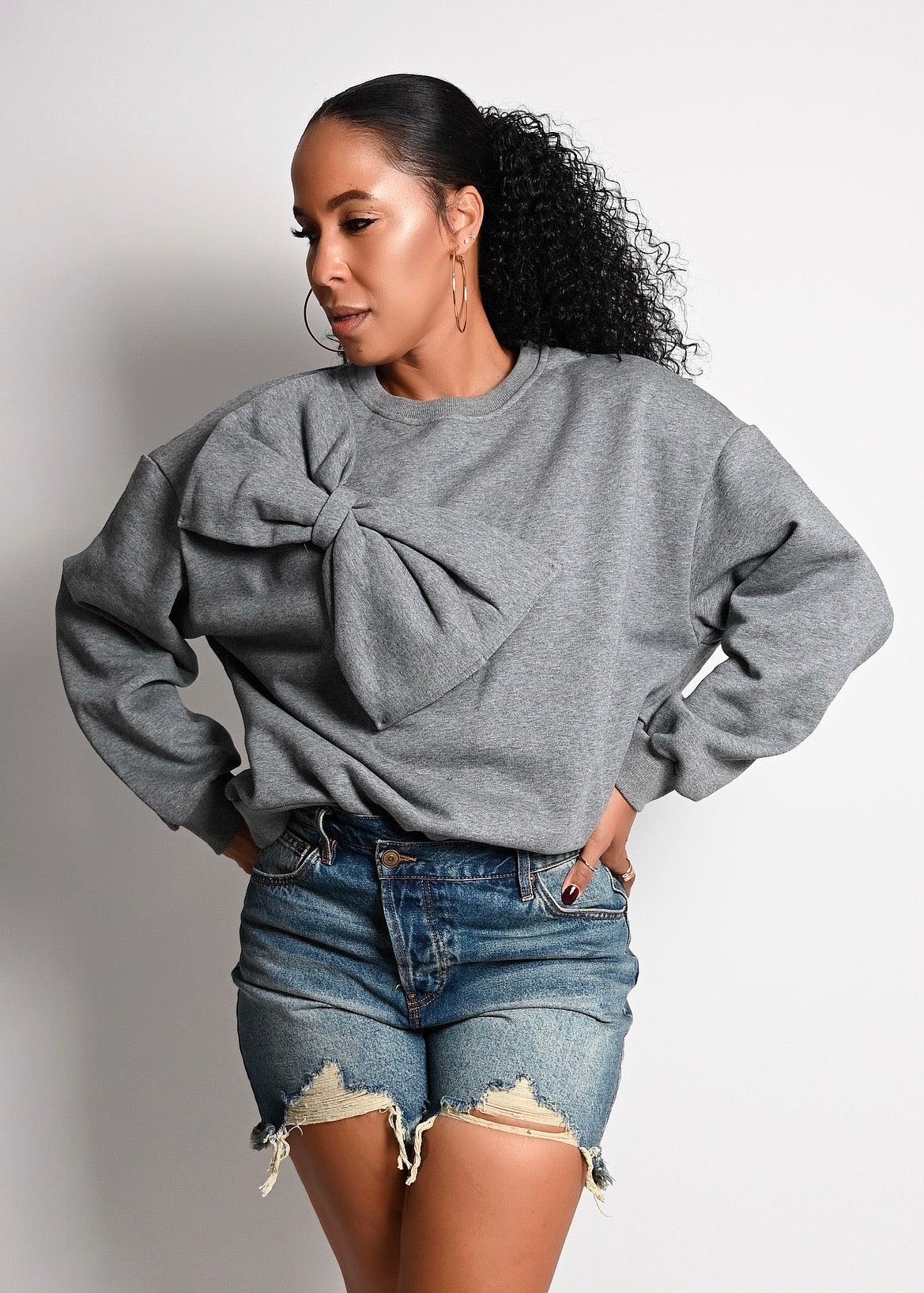 Bow Detail Crew Neck Sweater Top - Grey