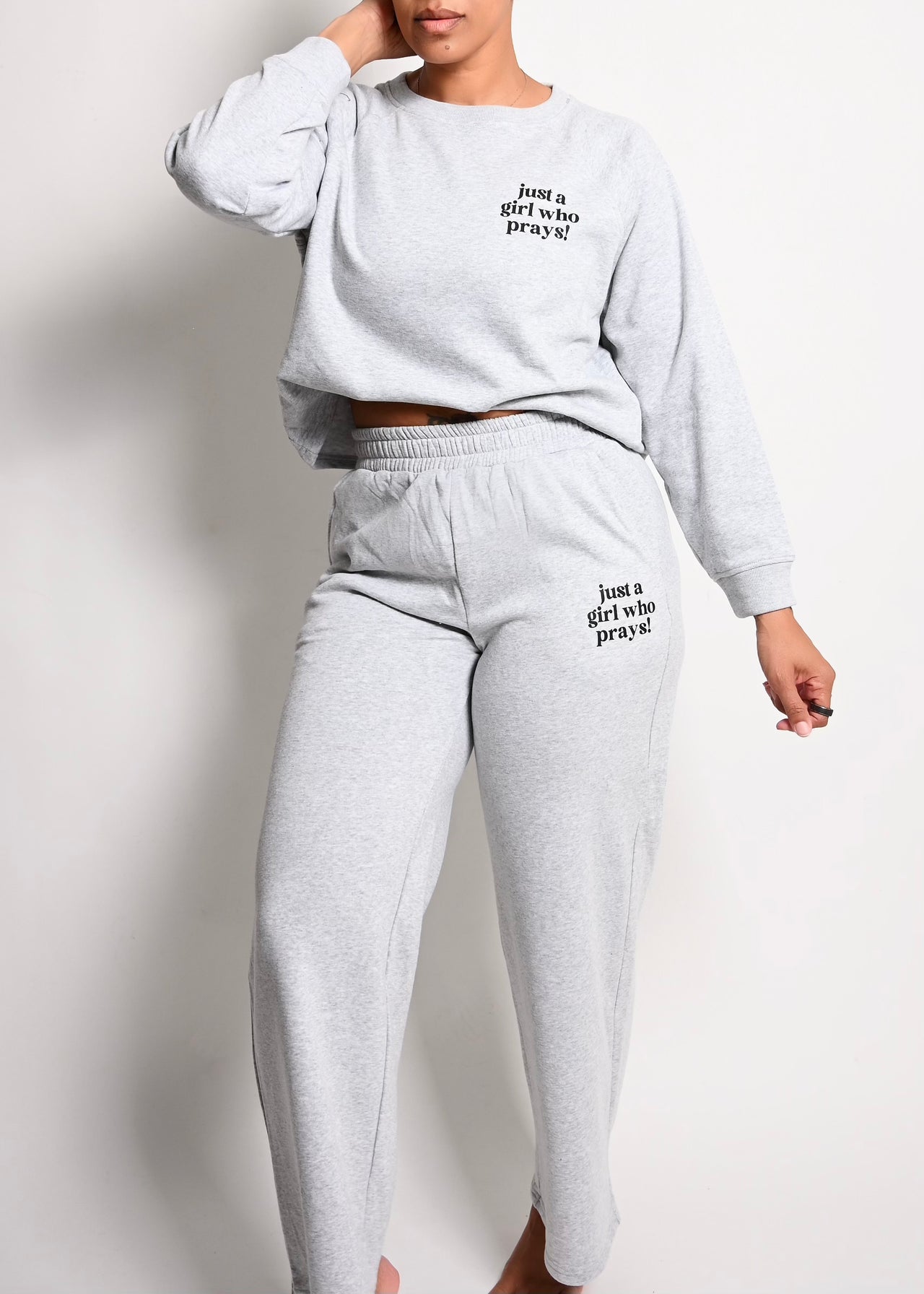 Exclusive Just A Girl Who Prays Jogger Pant Sweatsuit Set | H. Grey