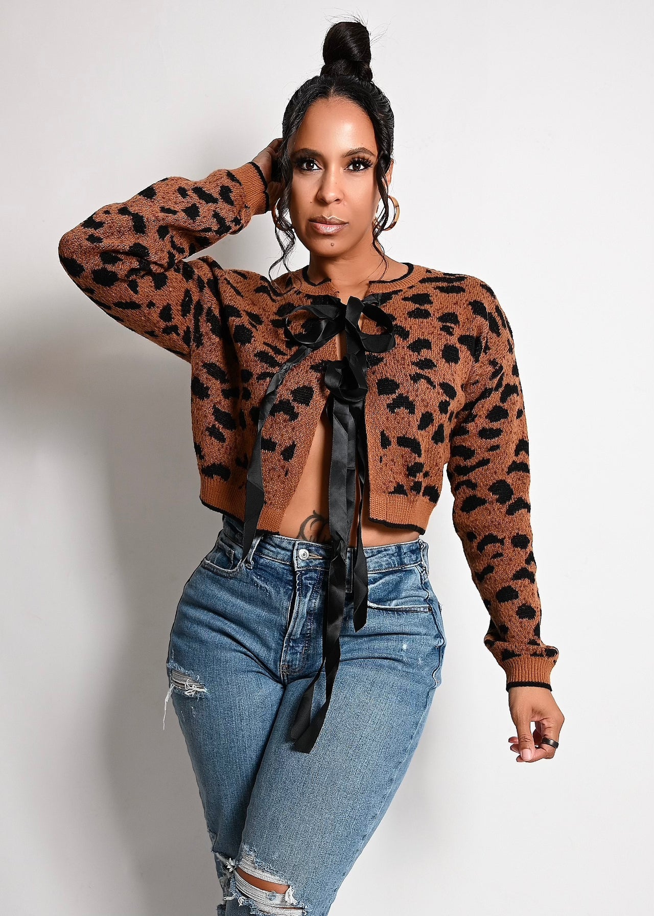 Leopard Print Soft Knit Open Front Ribbon Sweater