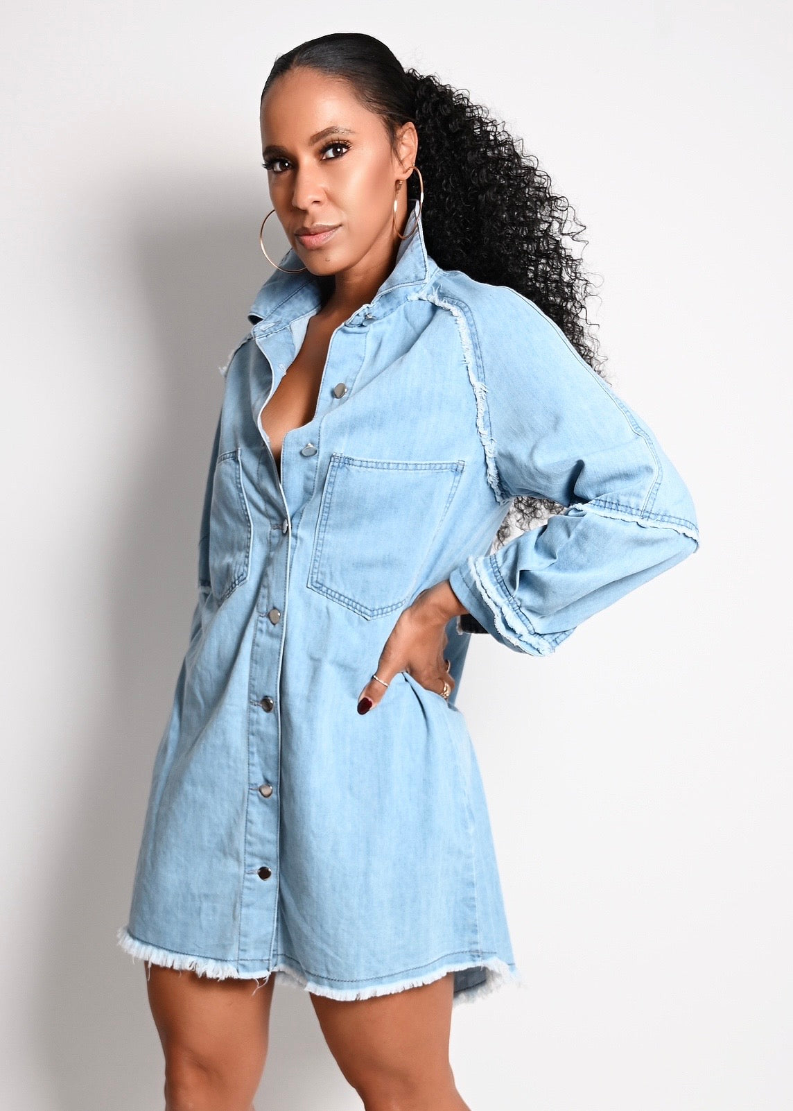 Denim Fringe Long Sleeve Casual Dress