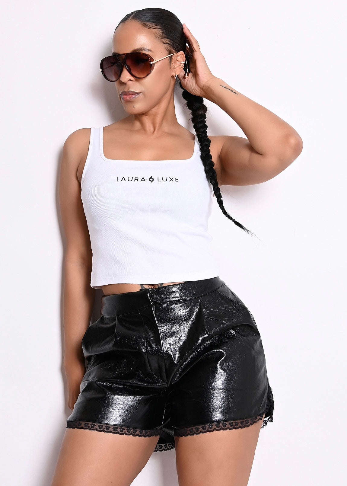 LACE EDGE VEGAN LEATHER MINI SHORTS | BLACK