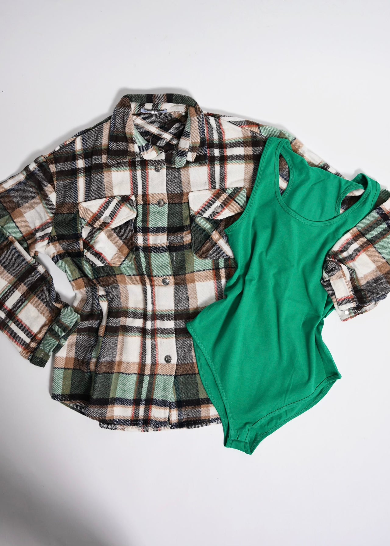 2 PC Checkered Utility Shacket with Matching Bodysuit Top | Green