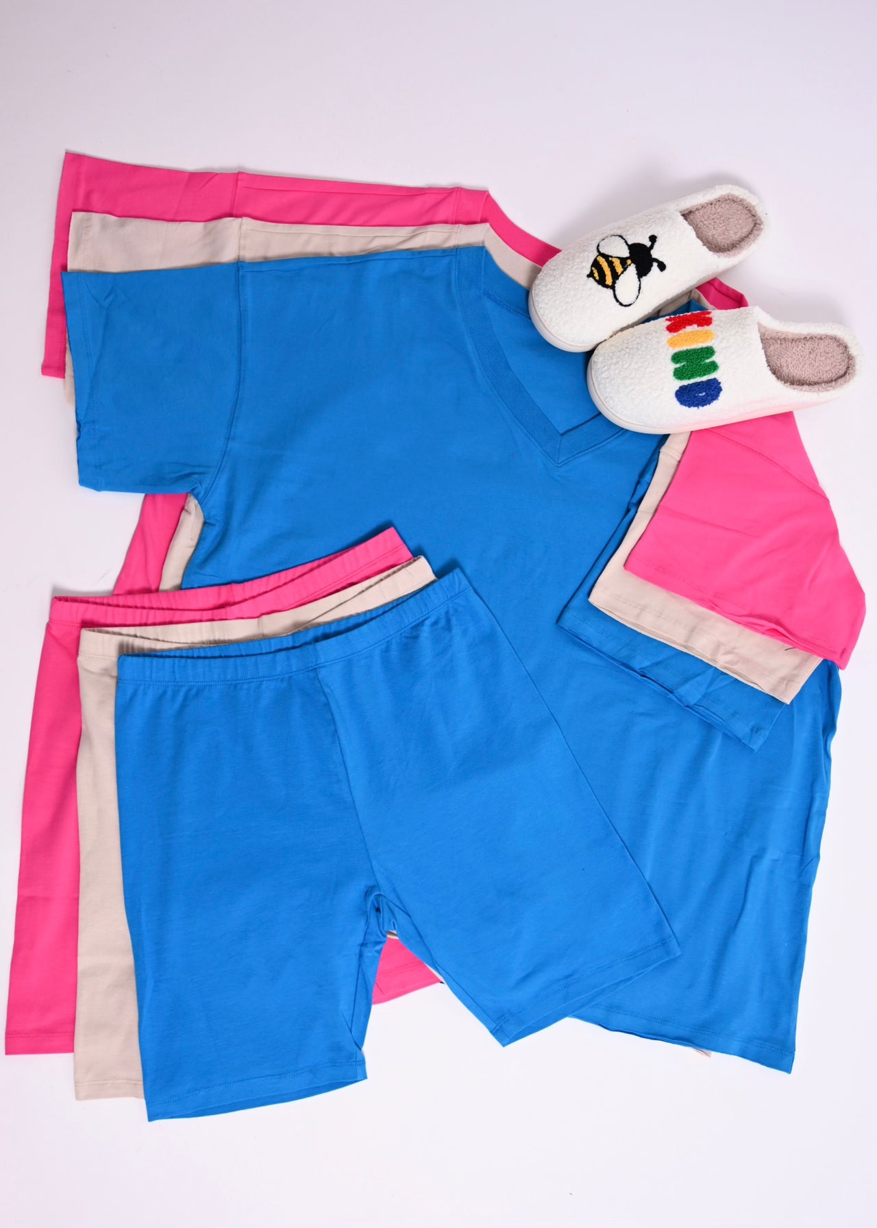 V Neck Oversized Cotton Biker Short Set | Hot Pink