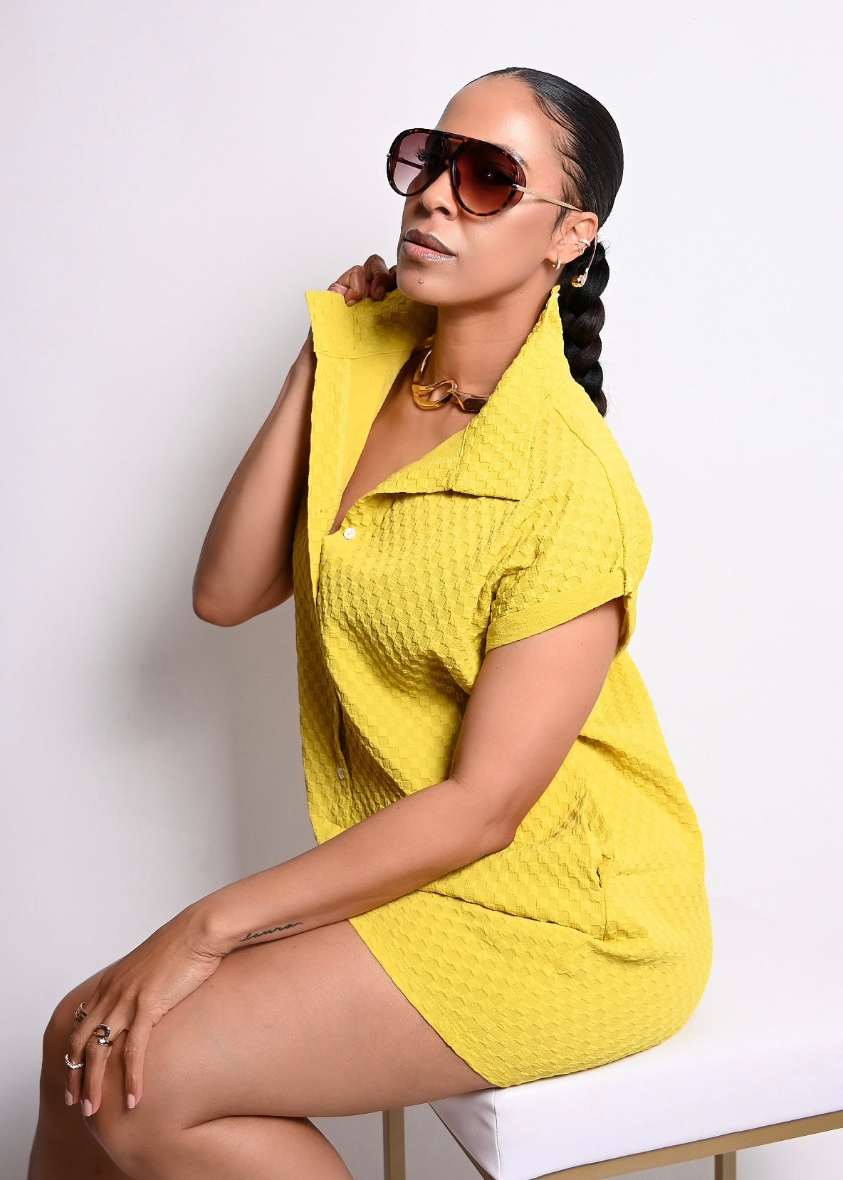 FLOWY WAFFLE LIGHT WEIGHT BUTTON UP ROMPER | CHARTREUSE
