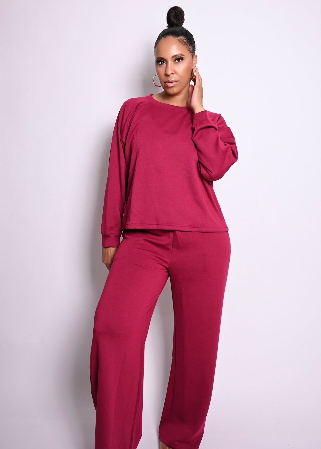Scuba Soft Crew Neck Wide Leg Jogger Pant Set | Wine
