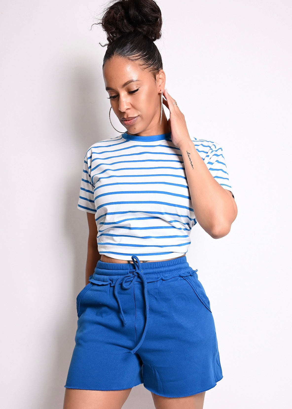 2 PC STRIPE COTTON TANK SHORT SET | BLUE