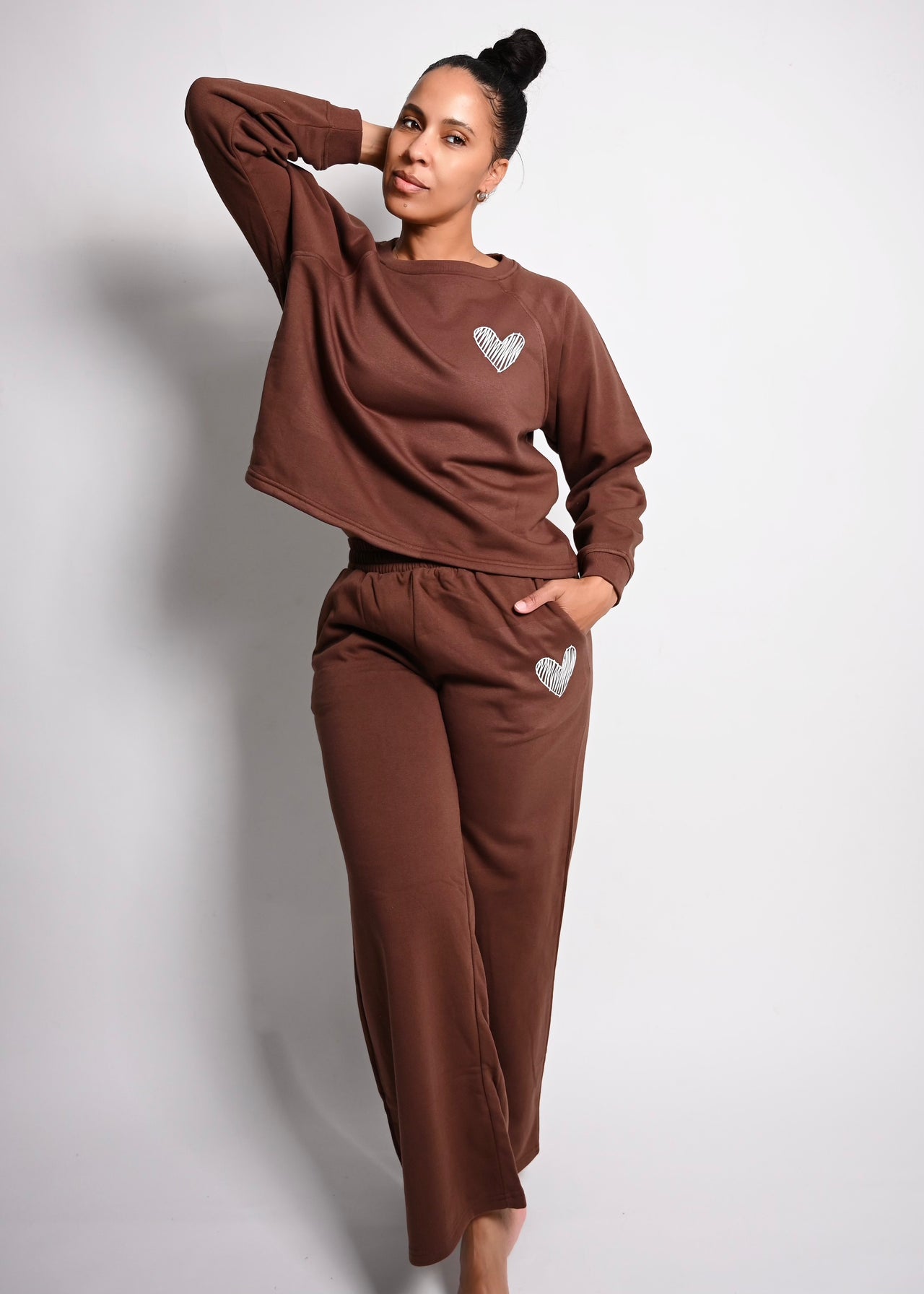 Exclusive Gentle Heart Fleece Crew & Jogger Pant Sweatsuit Set | Brown