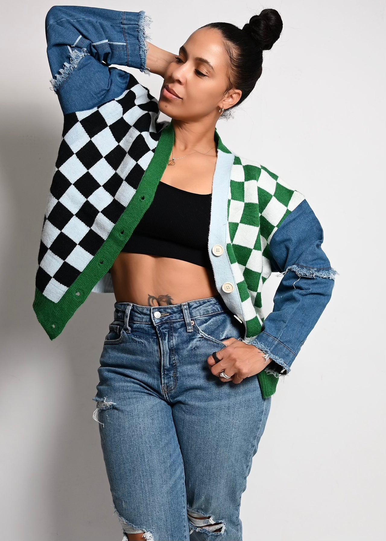 Denim Checkered Oversized Sweater Vest Shacket