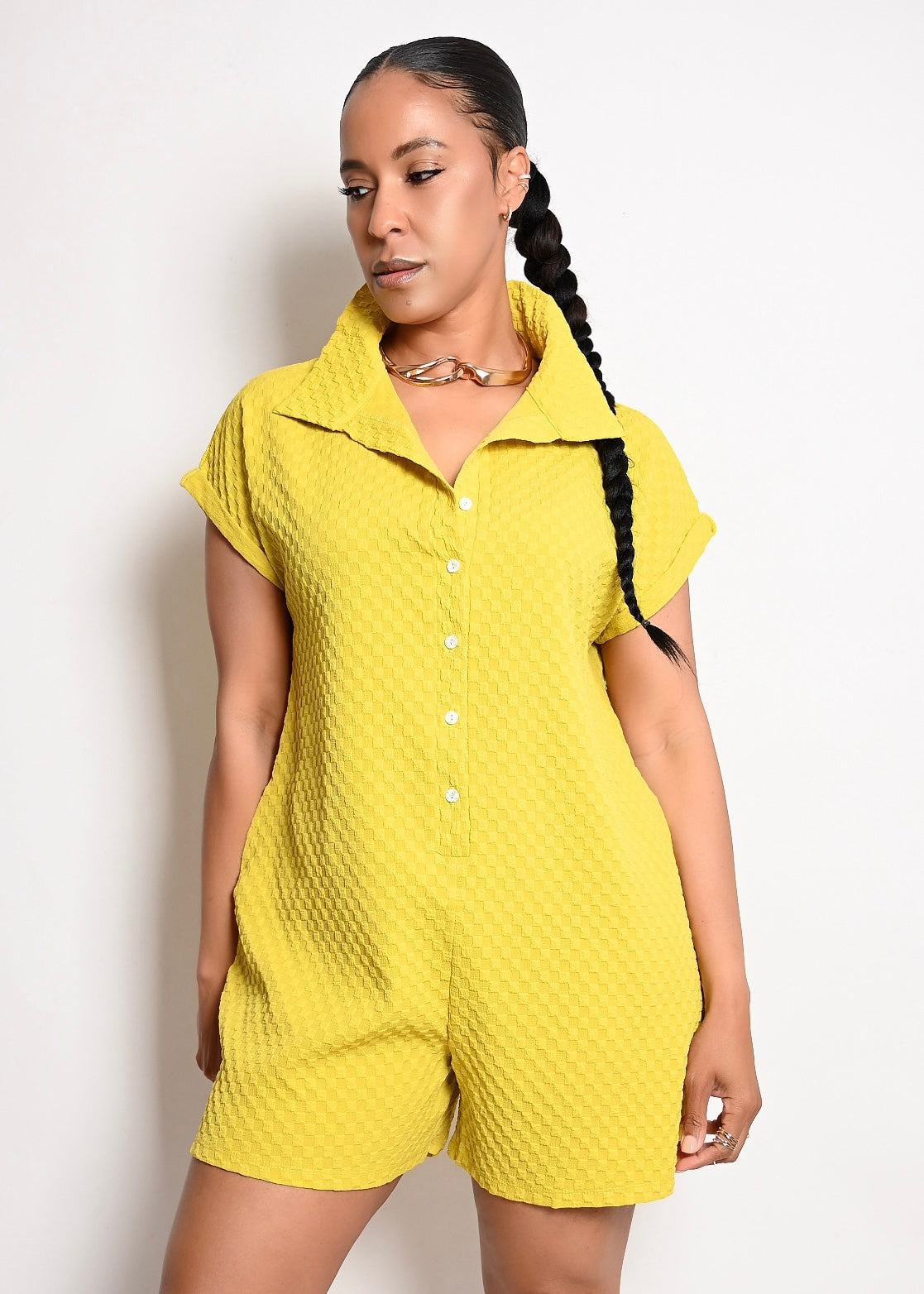 FLOWY WAFFLE LIGHT WEIGHT BUTTON UP ROMPER | CHARTREUSE