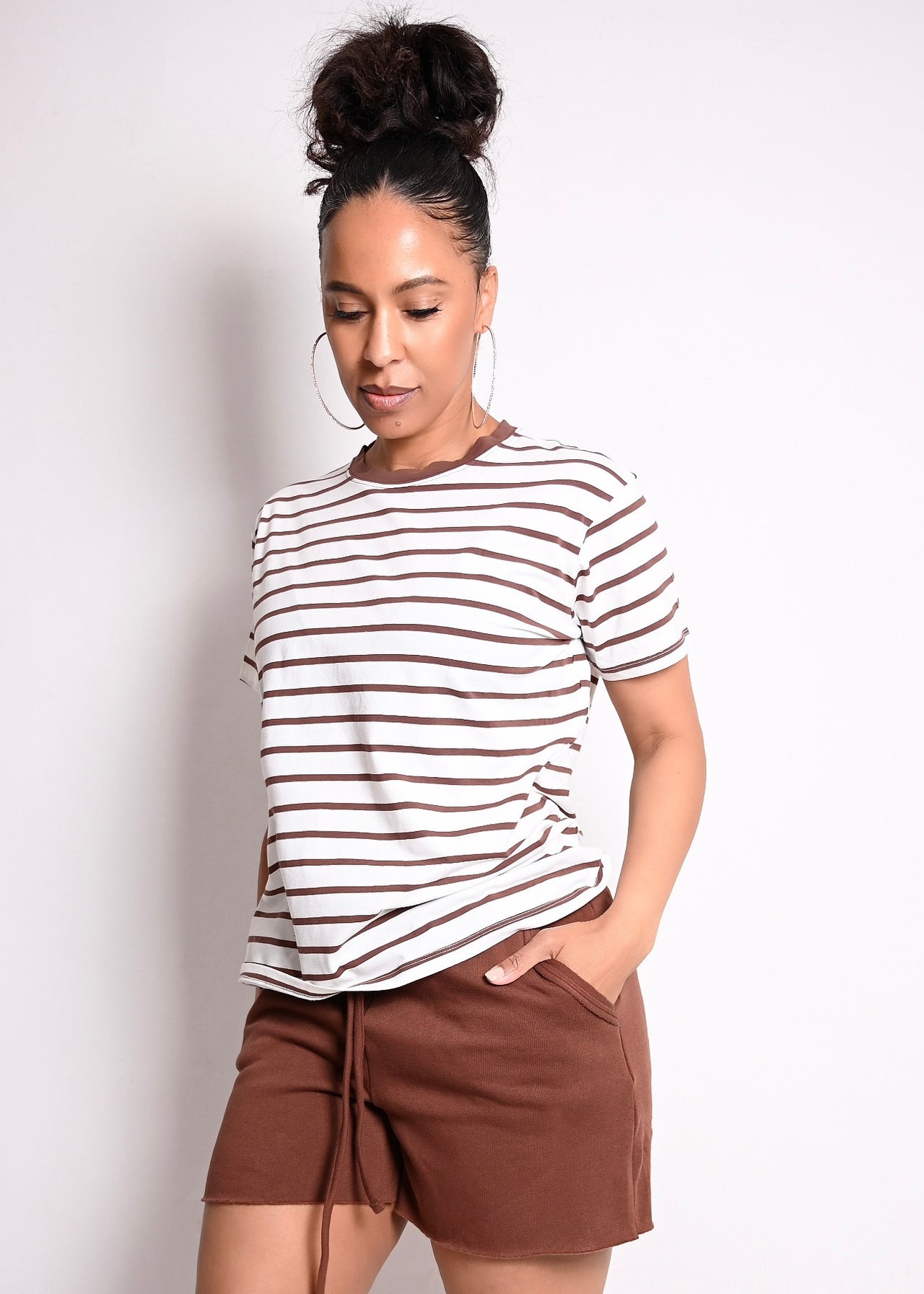 2 PC STRIPE COTTON TANK SHORT SET | BROWN
