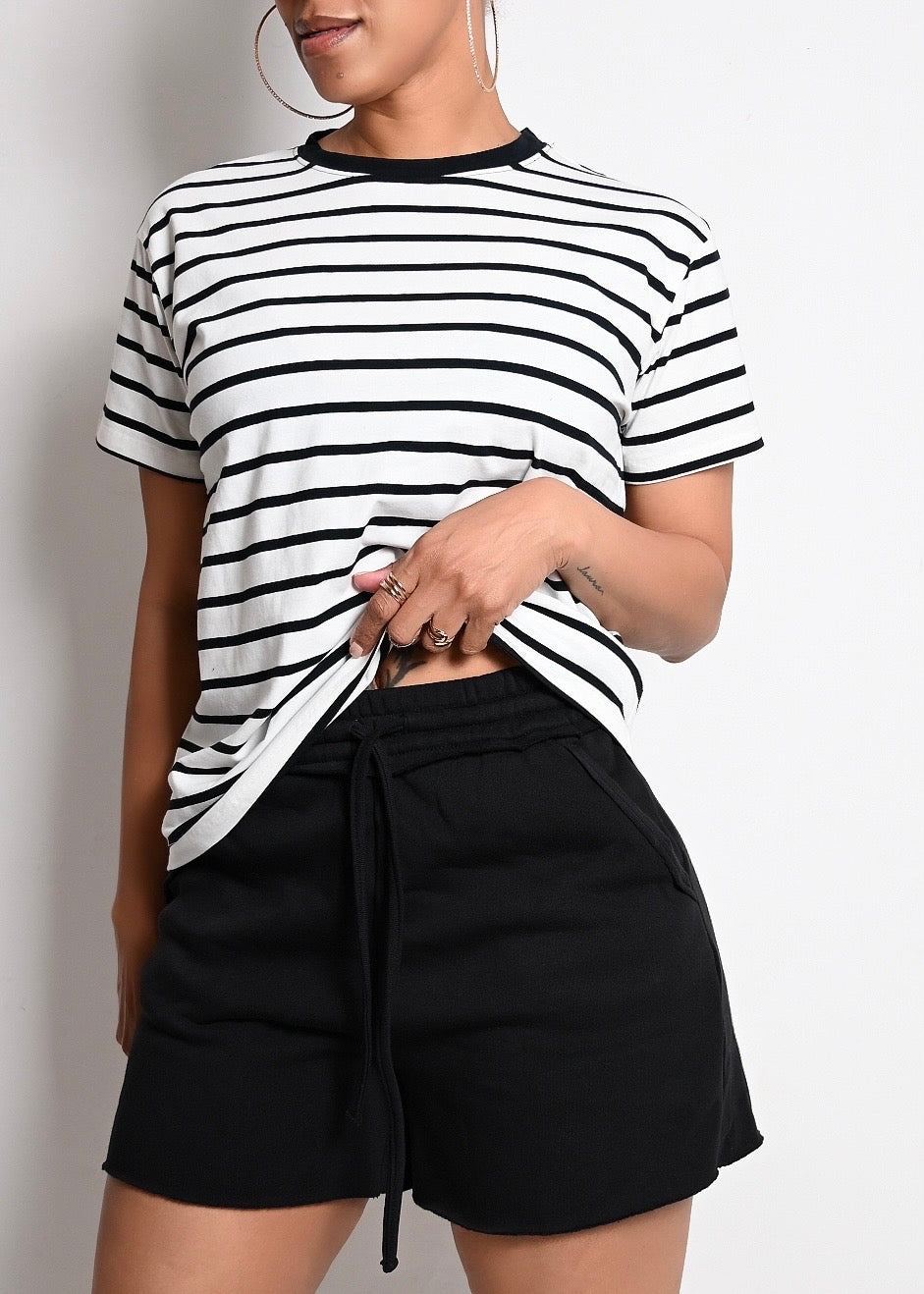 2 PC STRIPE COTTON TANK SHORT SET | BLACK