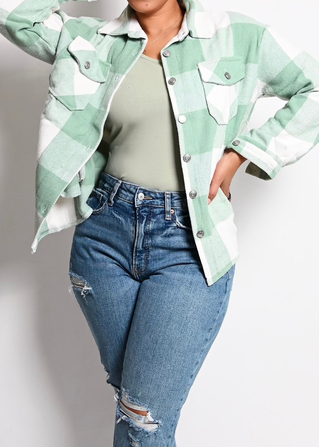 2 PC Checkered Utility Shacket with Matching Bodysuit Top | Mint