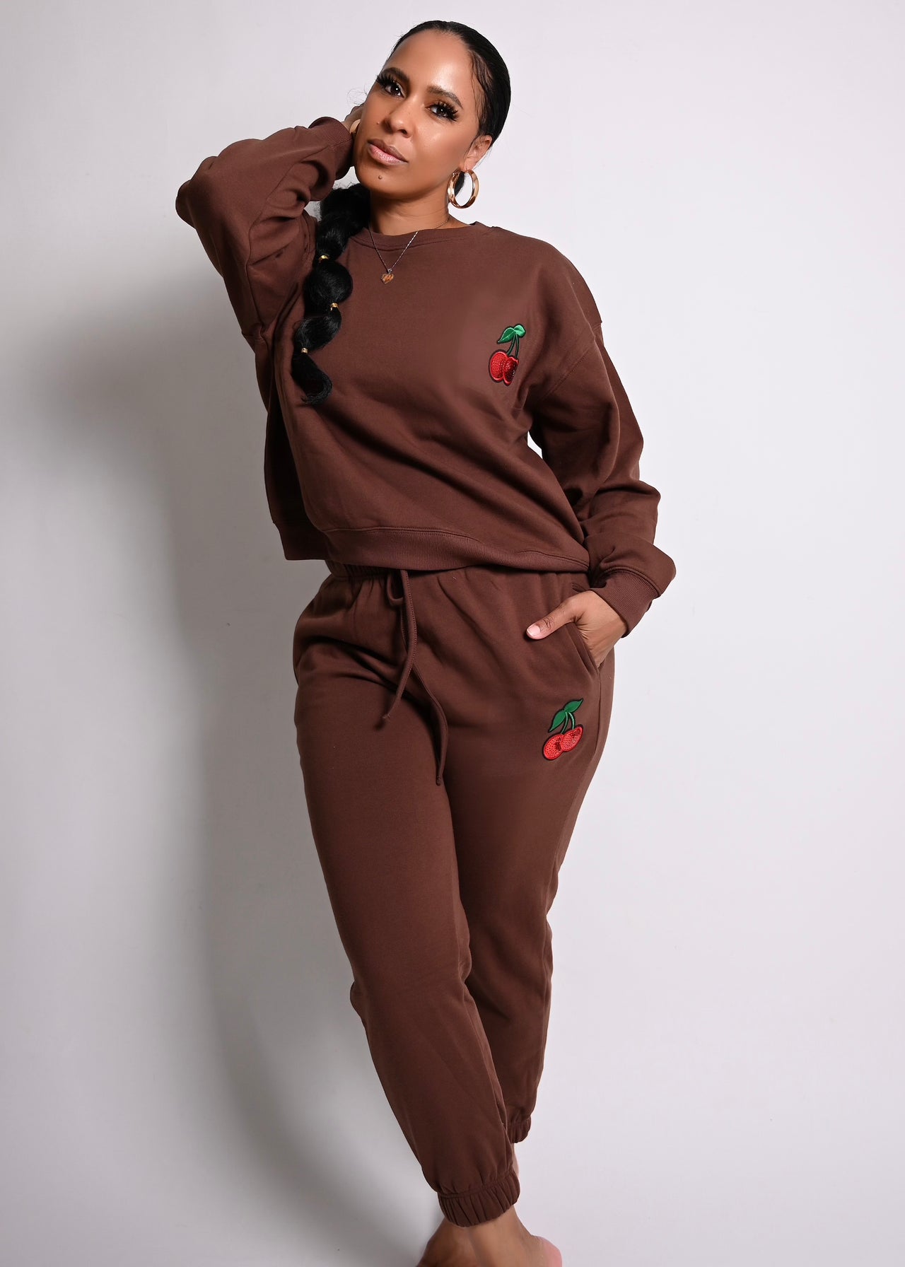 Cherry Bomb 2 Pc Fleece Jogger Set | Brown