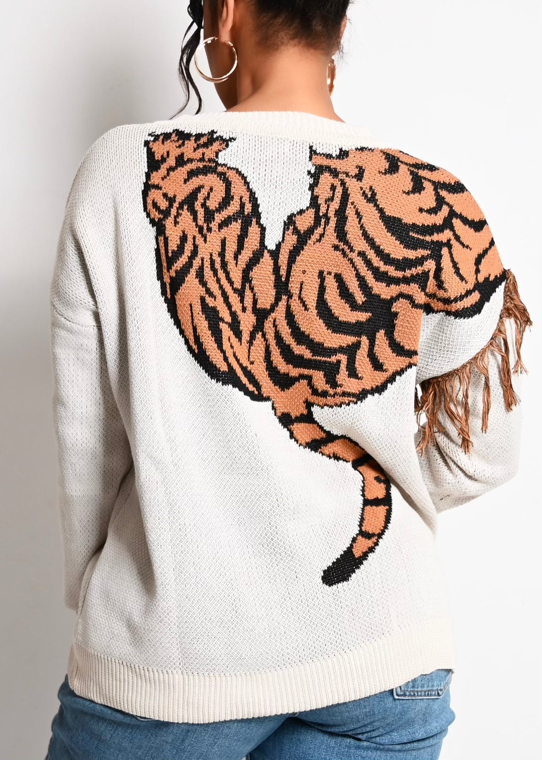 Tiger Knit Fringe Sweater | Cream