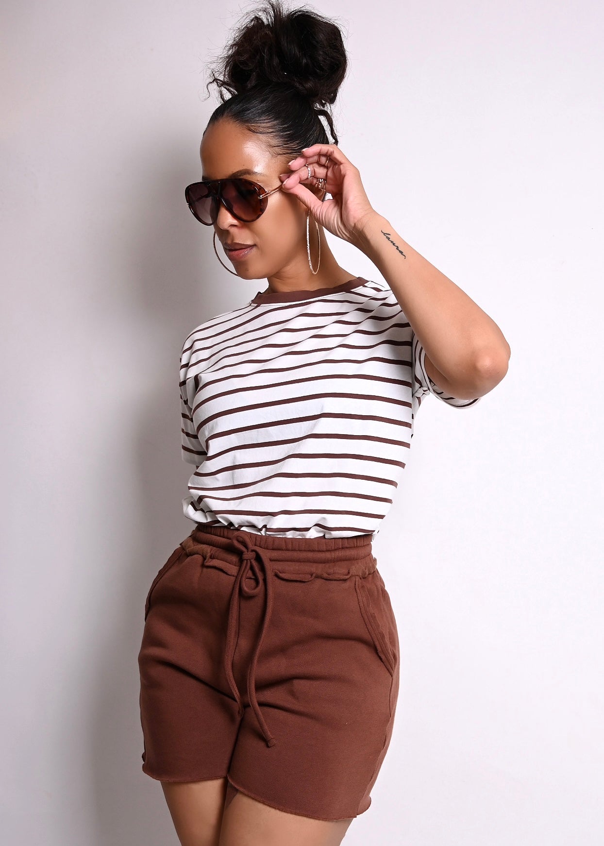 2 PC STRIPE COTTON TANK SHORT SET | BROWN