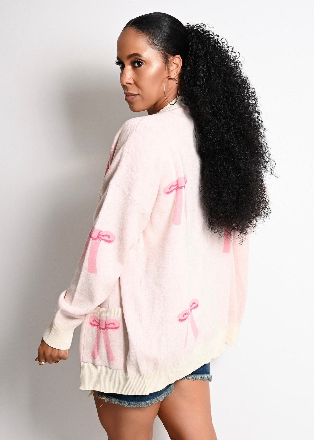 Pink Bow Oversized Knit Button Cardigan