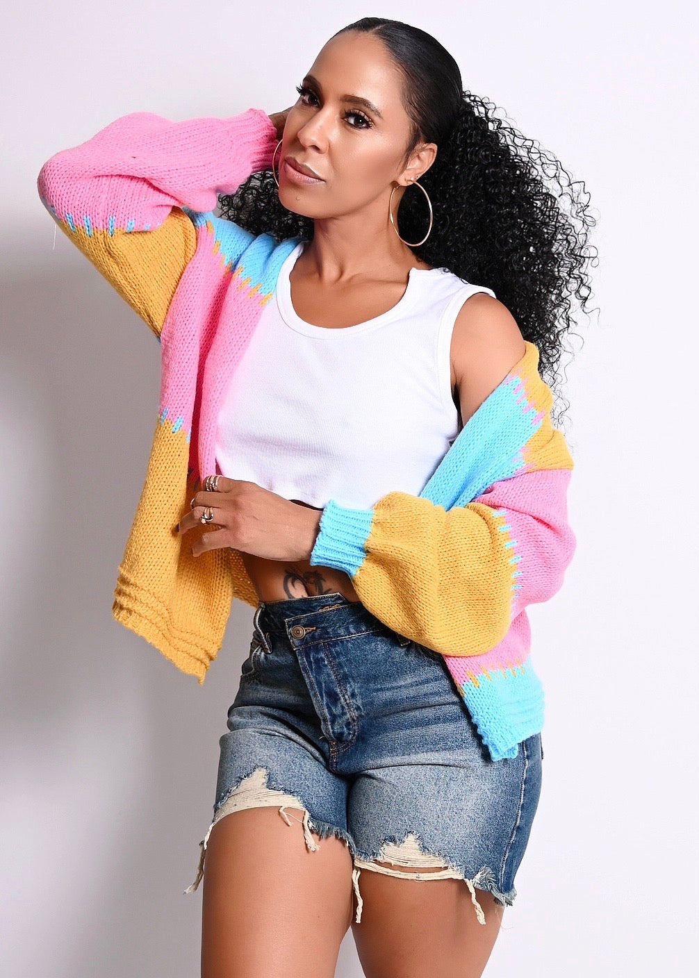 Cotton Candy Color Block Open Front Cardigan Sweater