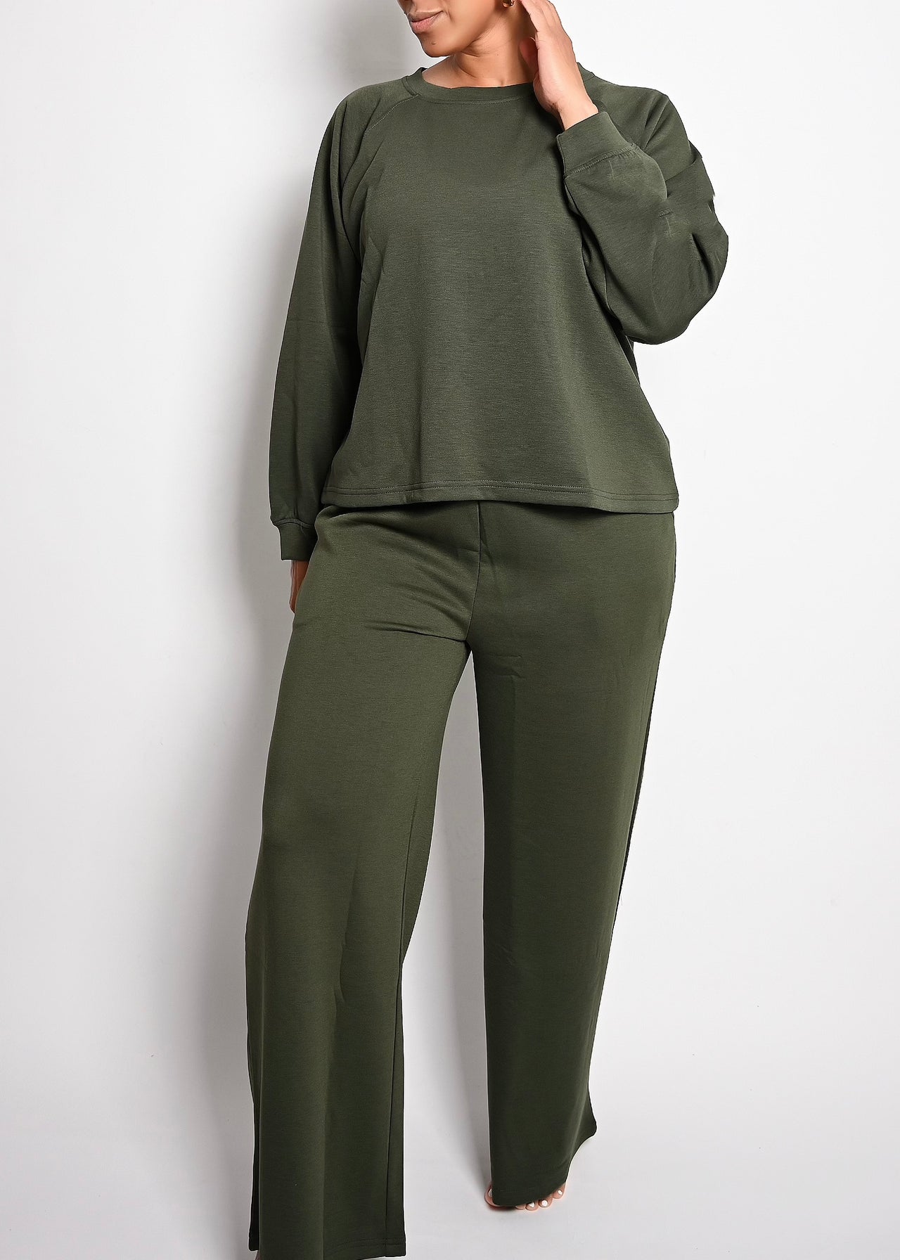 Scuba Soft Crew Neck Wide Leg Jogger Pant Set | Dk Olive