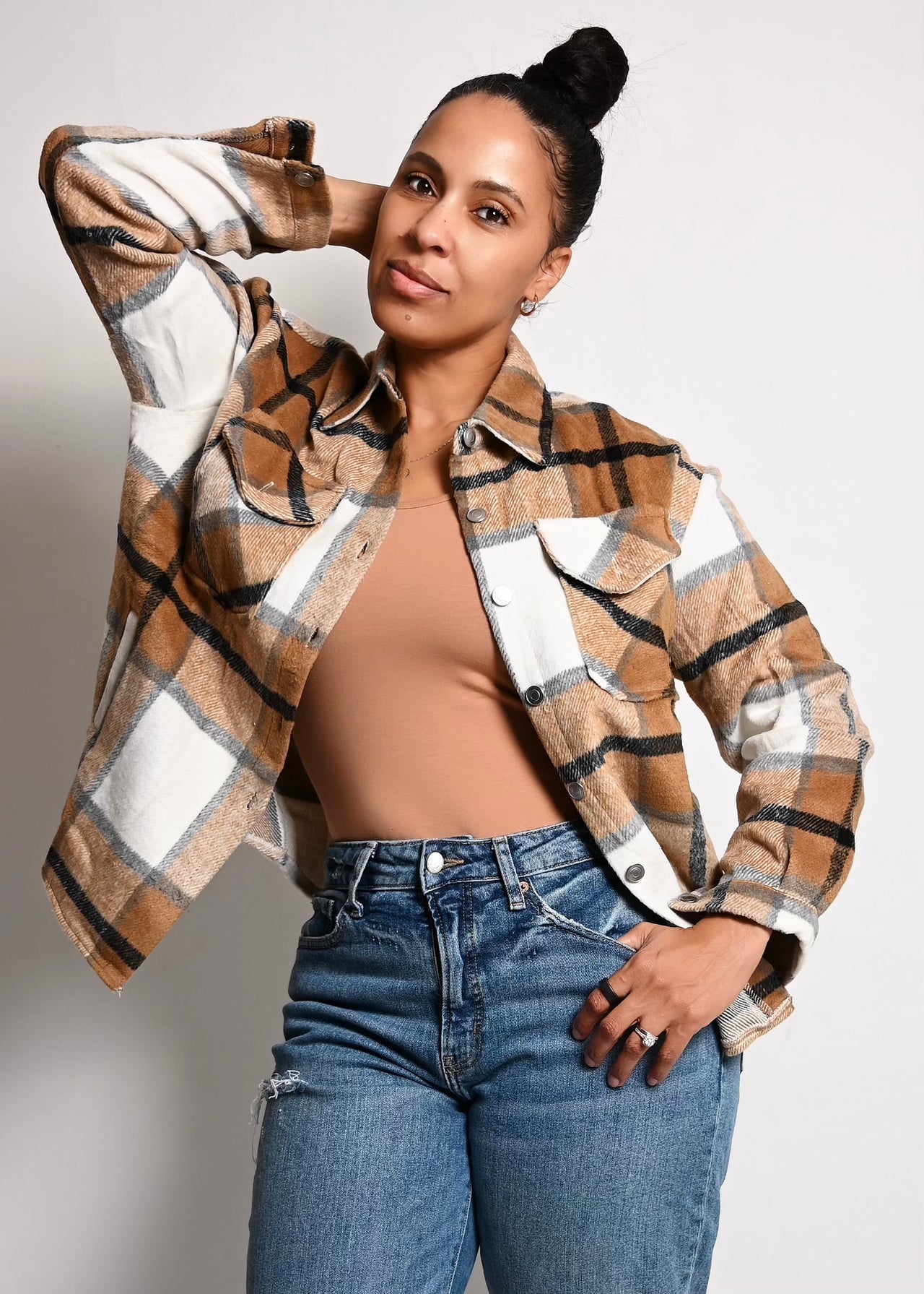 2 PC Checkered Utility Shacket with Matching Bodysuit Top | Brown