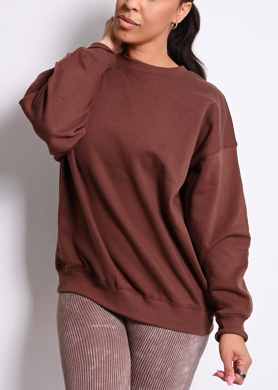 2 PC Acid Wash Full Bodysuit & Crew Neck Sweater Set | Brown