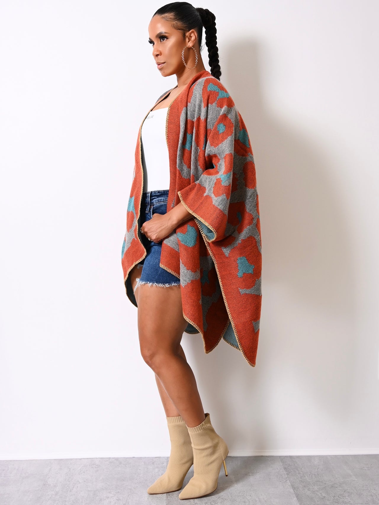 Leopard Print Knit Open Front Shawl Kimono | Rust Teal