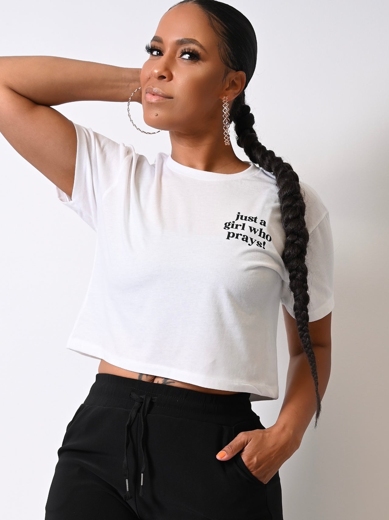 Exclusive Girl Who Prays Crop Graphic Tee | White